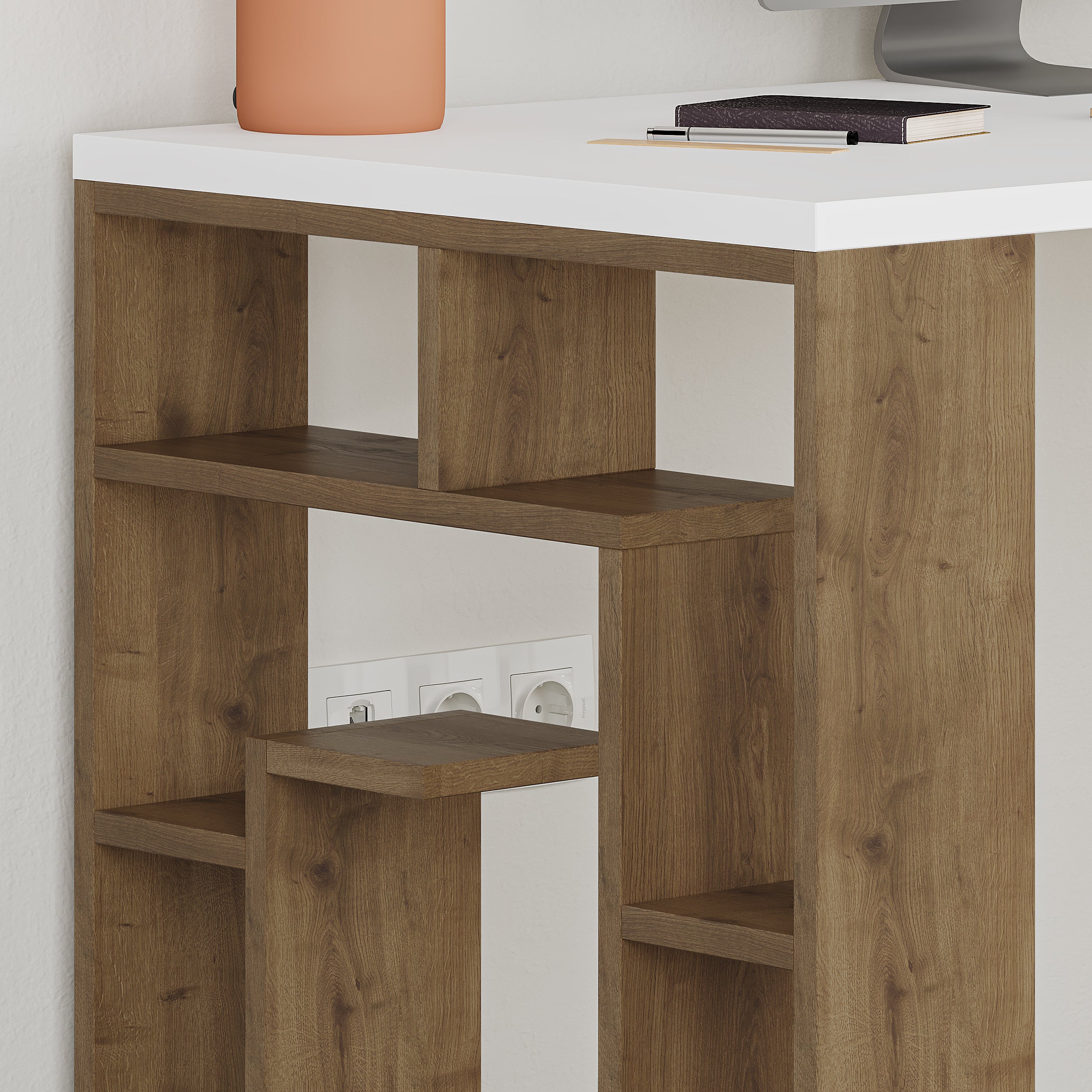 Labirent Modern Desk With Bookshelf Legs Width 137cm – White,Dark Oak