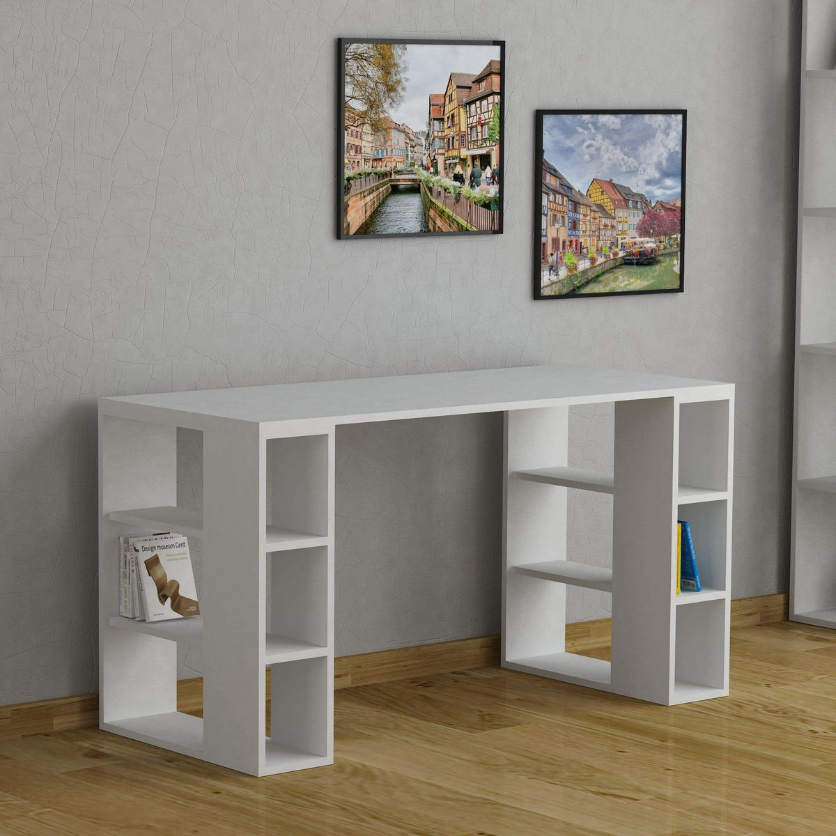 Colmar Modern Desk With Bookshelf Legs Width 140cm in White