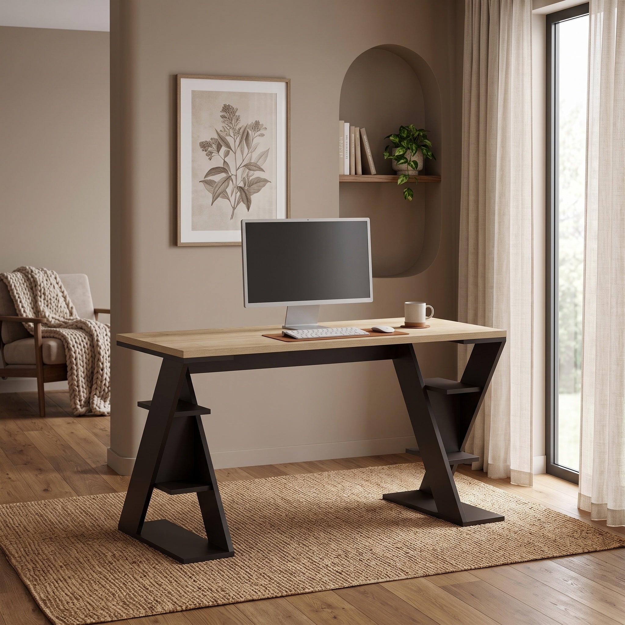 Papillon Modern Desk With Bookshelf Legs Width 137cm in Sapphire Oak,Silky Black