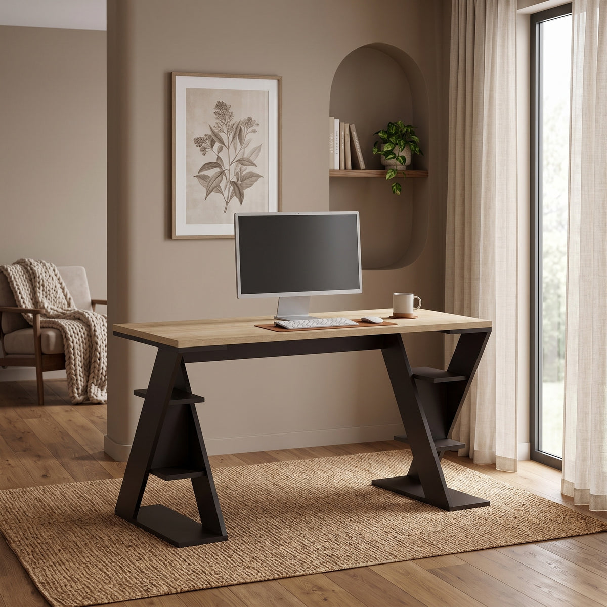 Papillon Modern Desk With Bookshelf Legs Width 137cm in Sapphire Oak,Silky Black