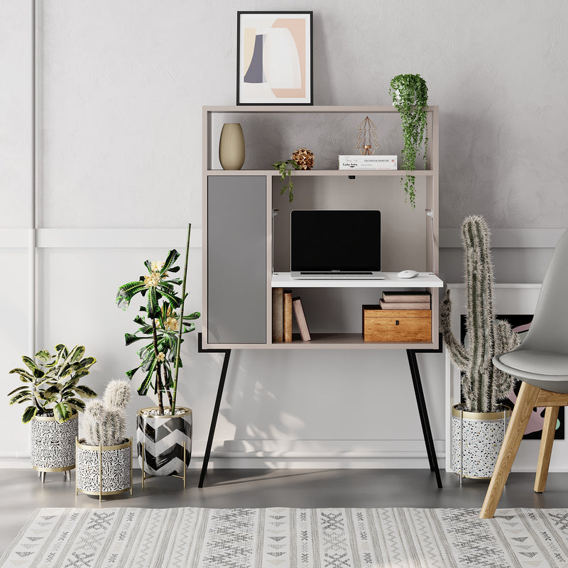 Tatti Modern Desk Mocha Grey – open storage cabinets – wall-mounted multipurpose home office desk