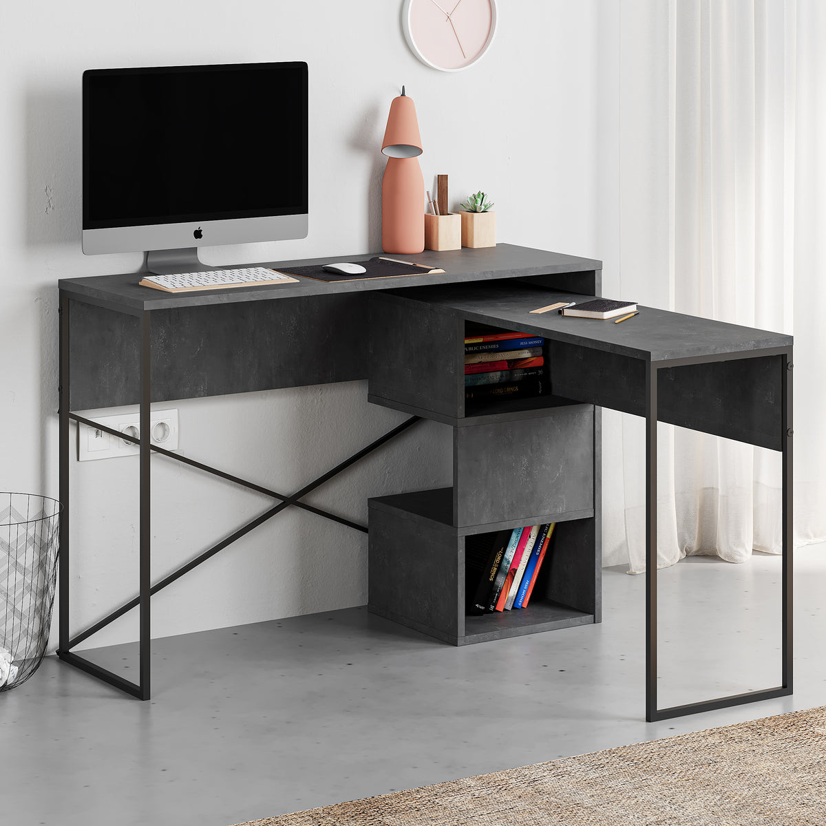 Badau Multi Purpose Working Table – Modern 2-in-1 Desk with Storage for Home Office or Study in Retro Grey