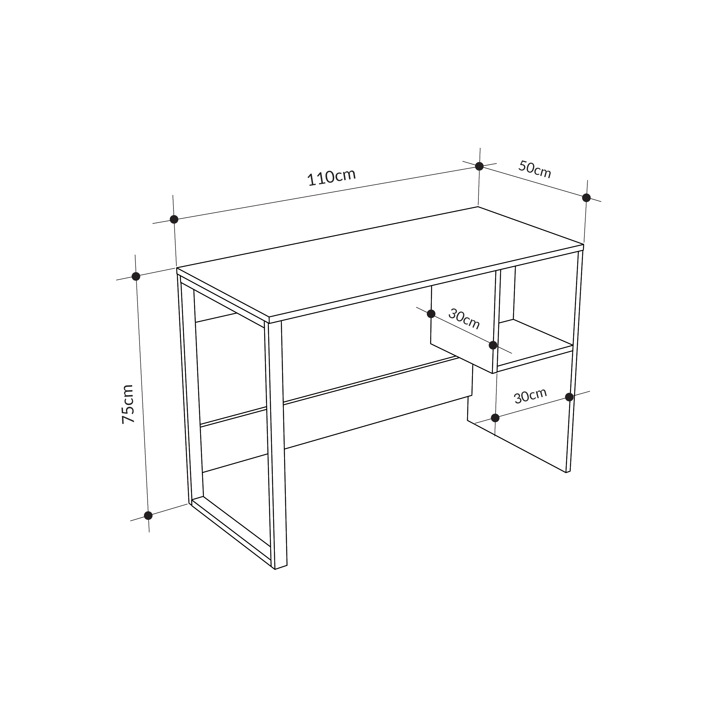 Model 4 Working Table with 1 Square Shelf - Oak - Black Wood – dimensions (cm)