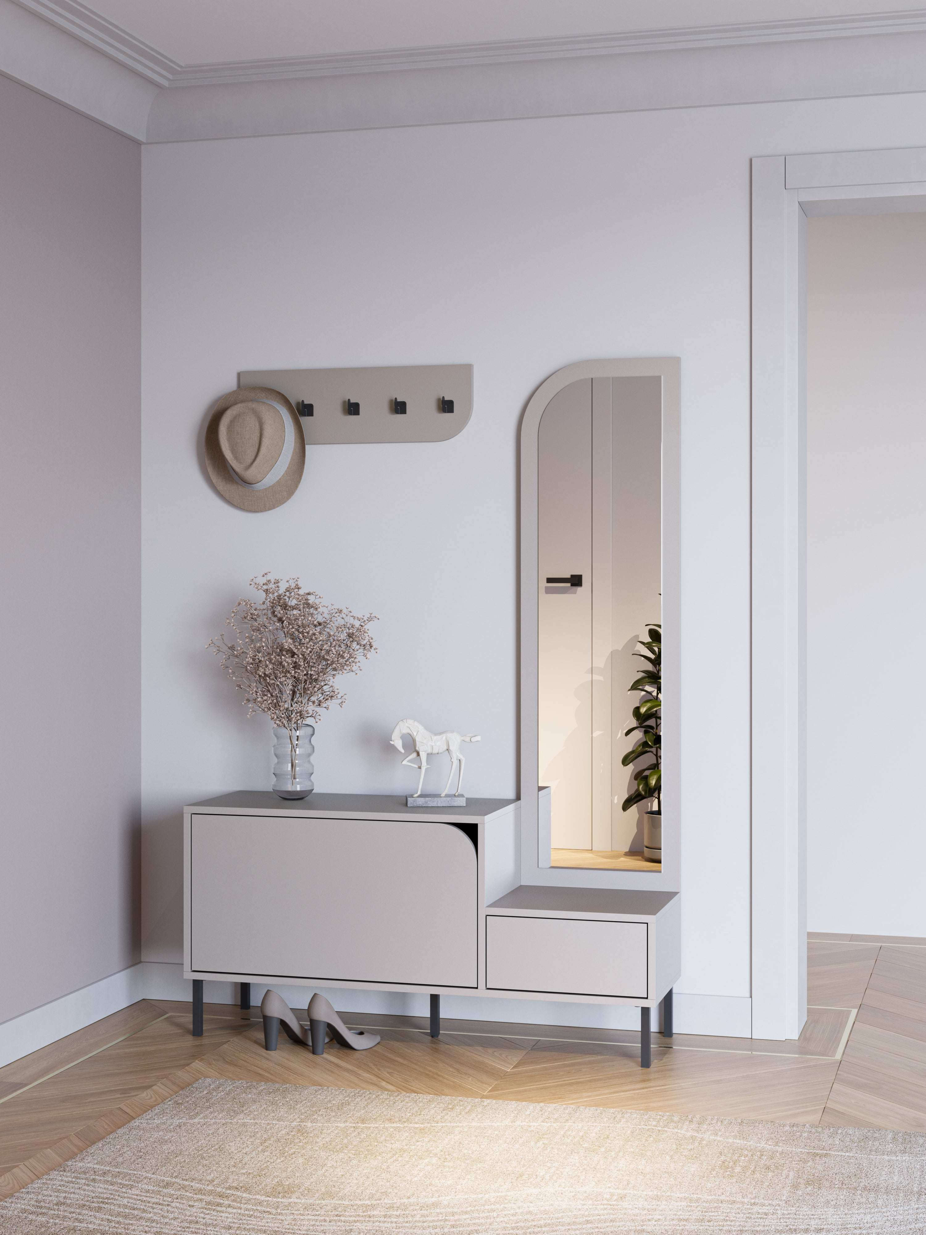 Mila Shoe Cabinet & Hanger Set – 3-in-1 Hallway Unit with Mirror – Sandstone