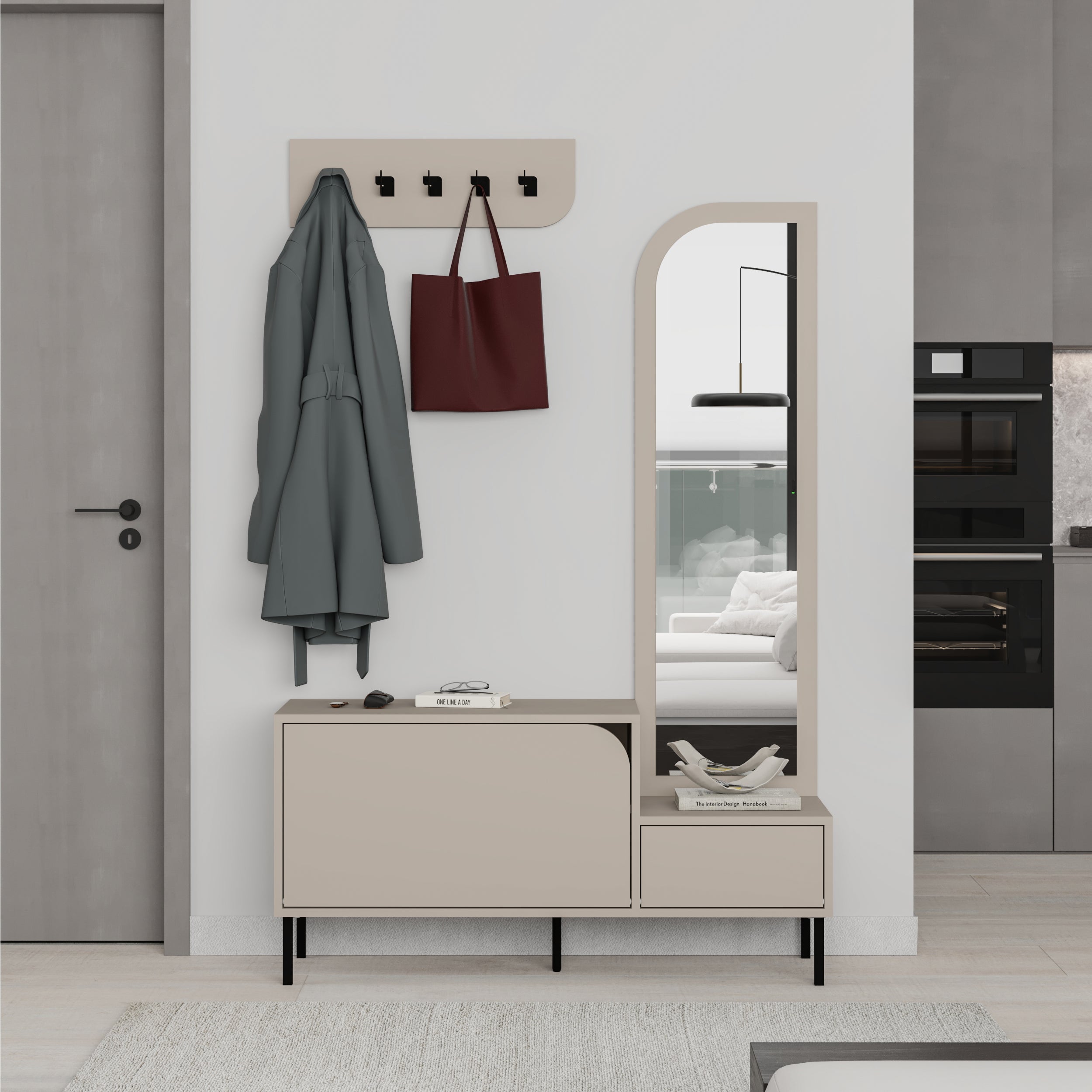 Mila Shoe Cabinet & Hanger Set – 3-in-1 Hallway Unit with Mirror – Sandstone