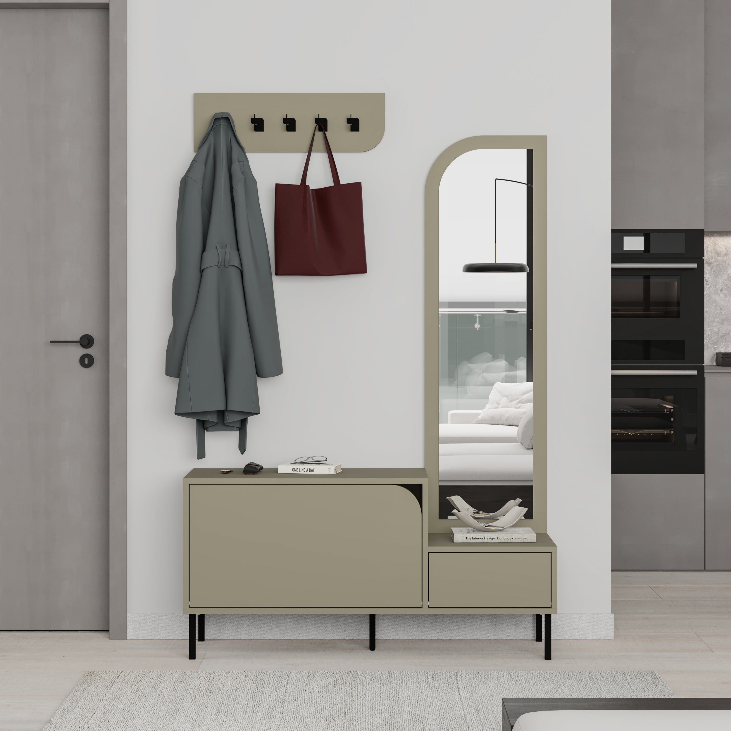 Mila Shoe Cabinet & Hanger Set – 3-in-1 Hallway Unit with Mirror – Ash Green