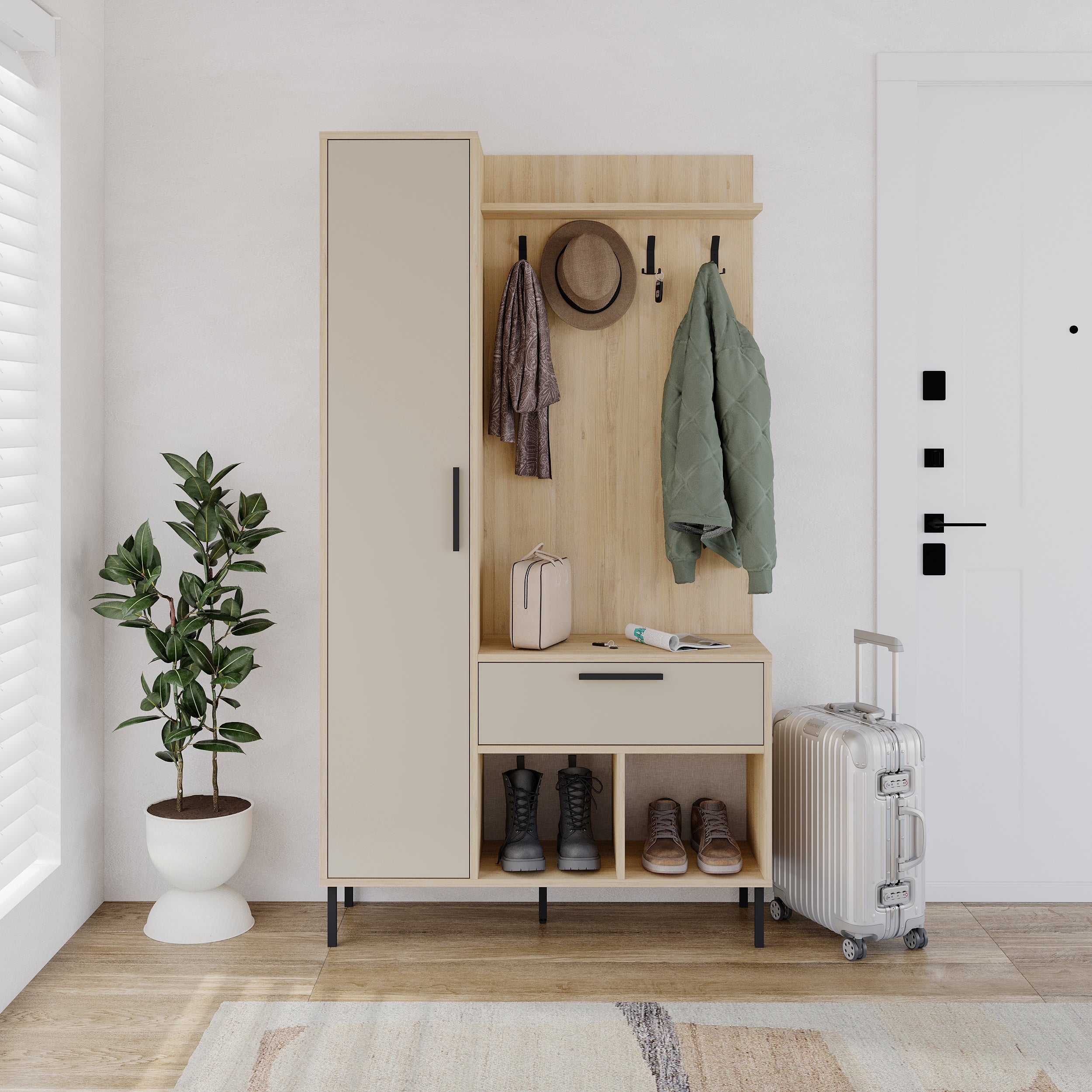 Acton Hall Stand with Shoe Storage – Sapphire Oak,Sandstone