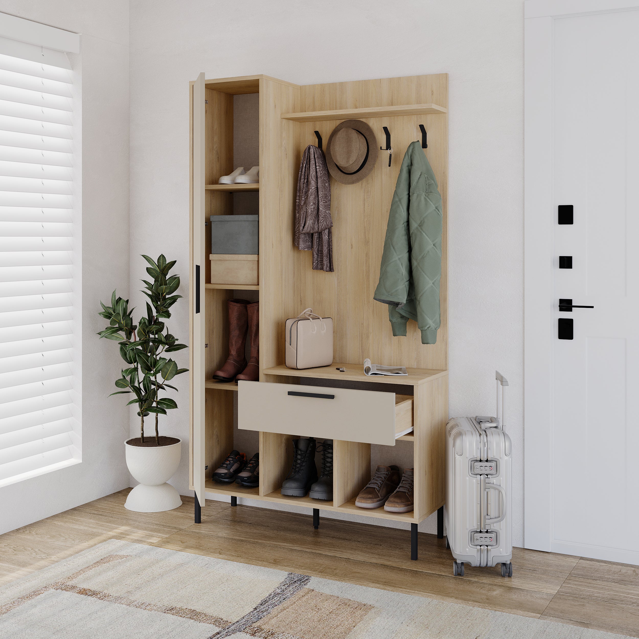 Acton Hall Stand with Shoe Storage – Sapphire Oak,Sandstone