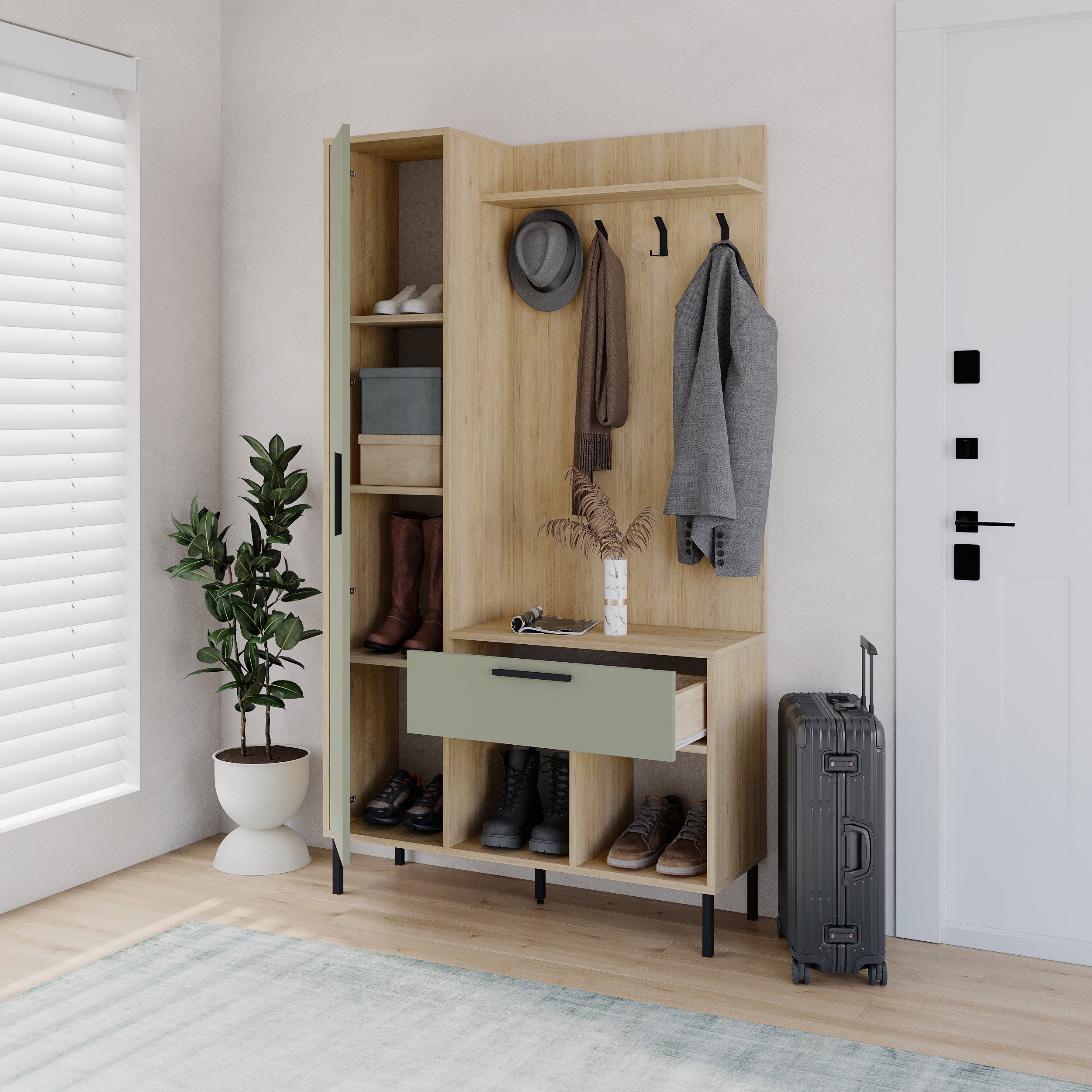 Acton Hall Stand with Shoe Storage – Sapphire Oak,Ash Green