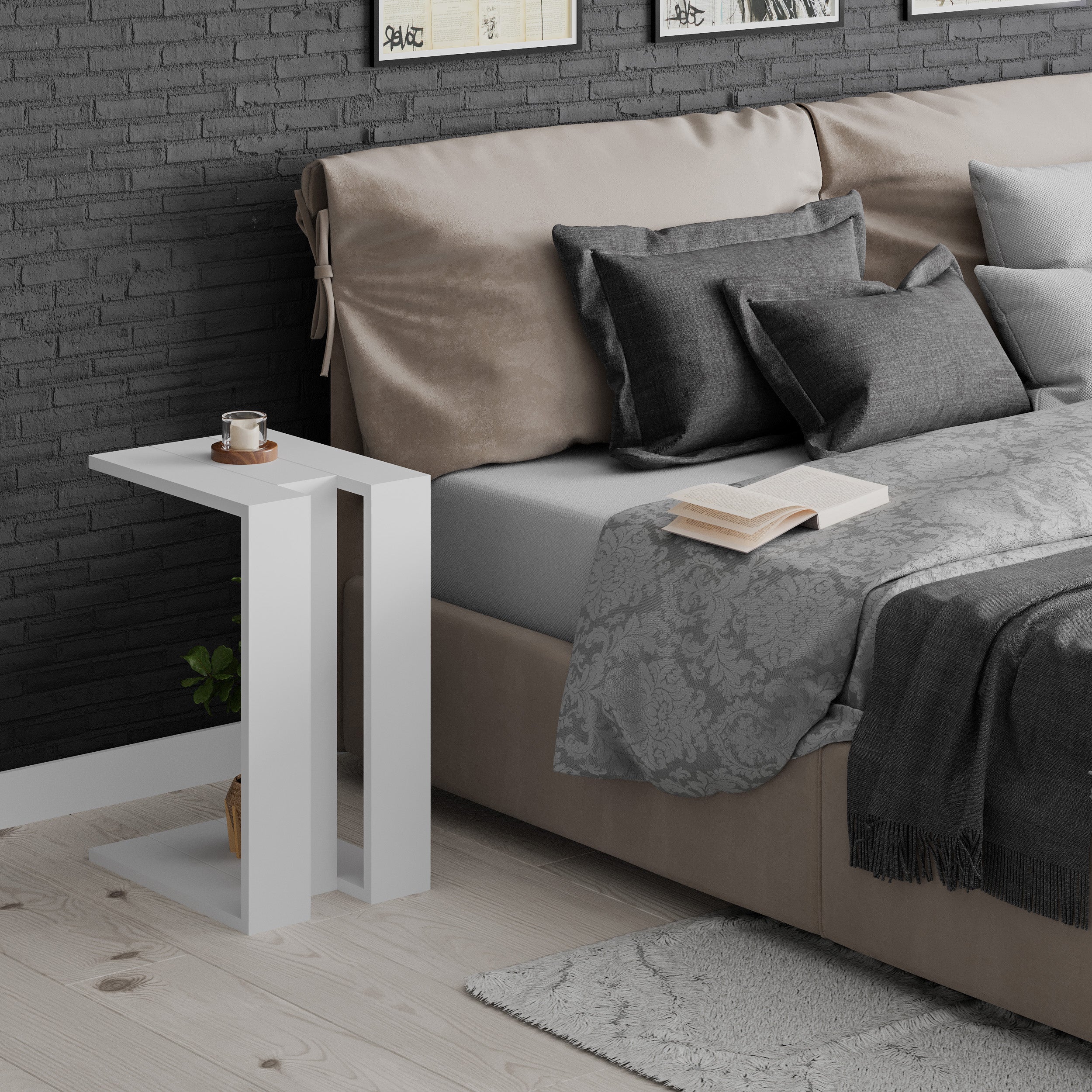 Muju Modern C Shape Table Multipurpose H 57cm – White