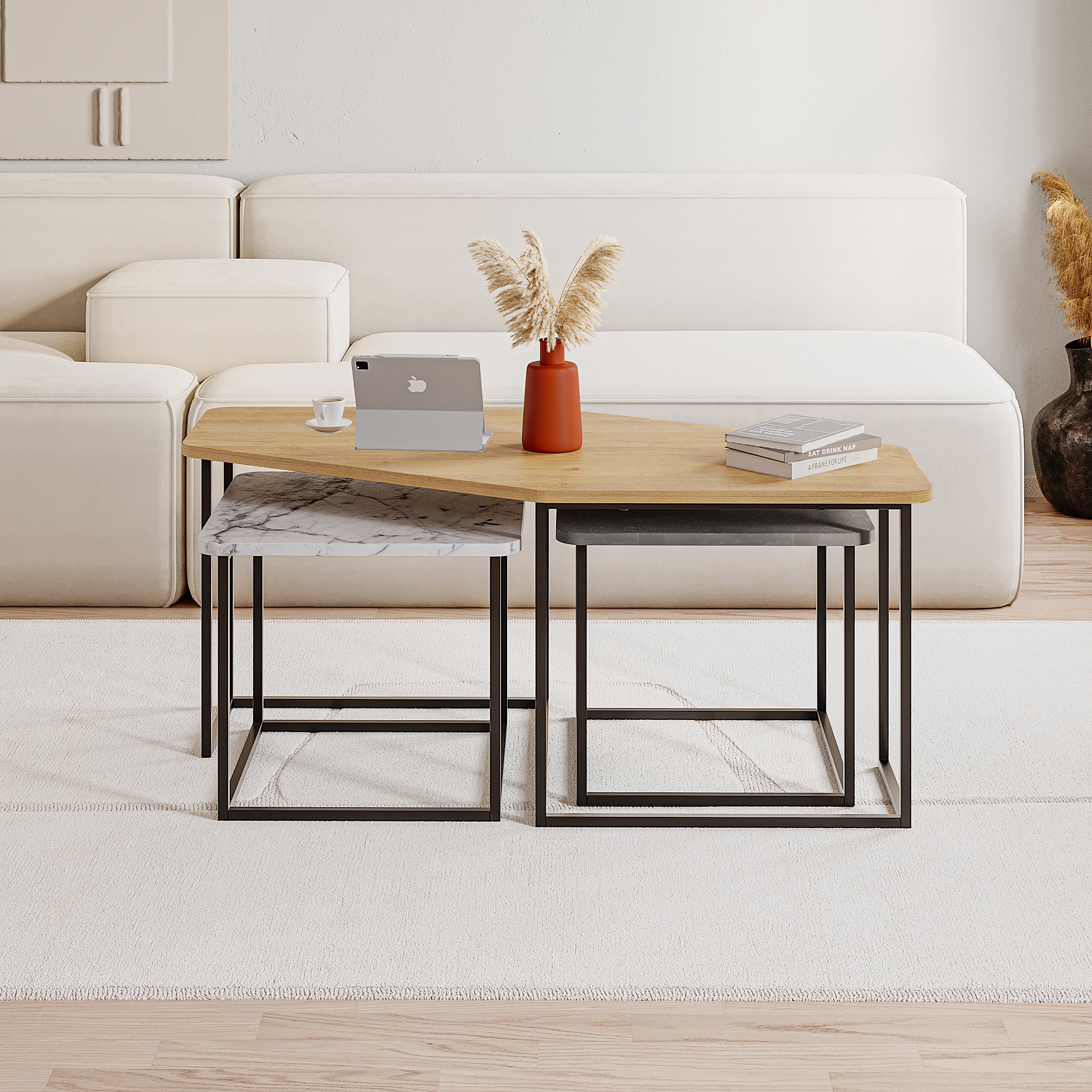 Nesty Modern Coffee Table 3 Pieces – Oak - Retro Grey - Carrara