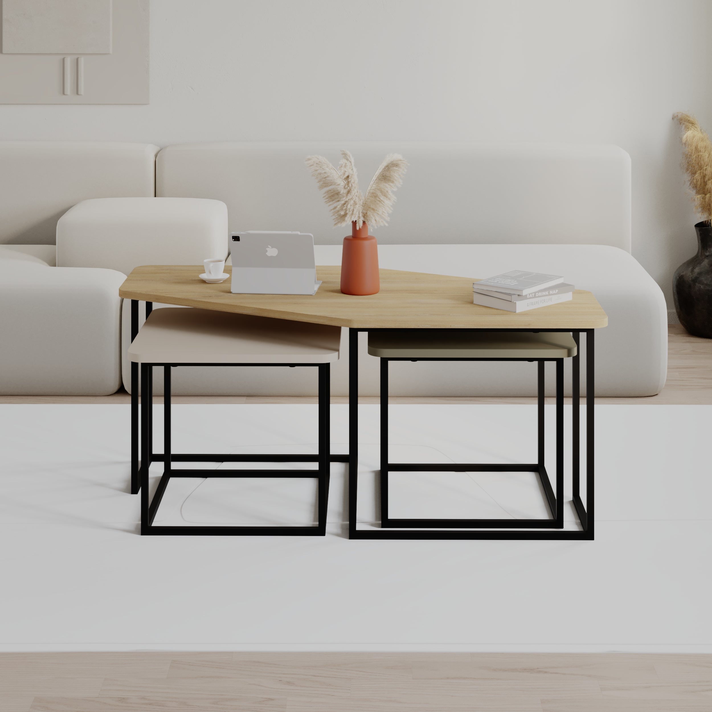 Nesty Modern Coffee Table 3 Pieces – Oak - Sandstone - Ash Green