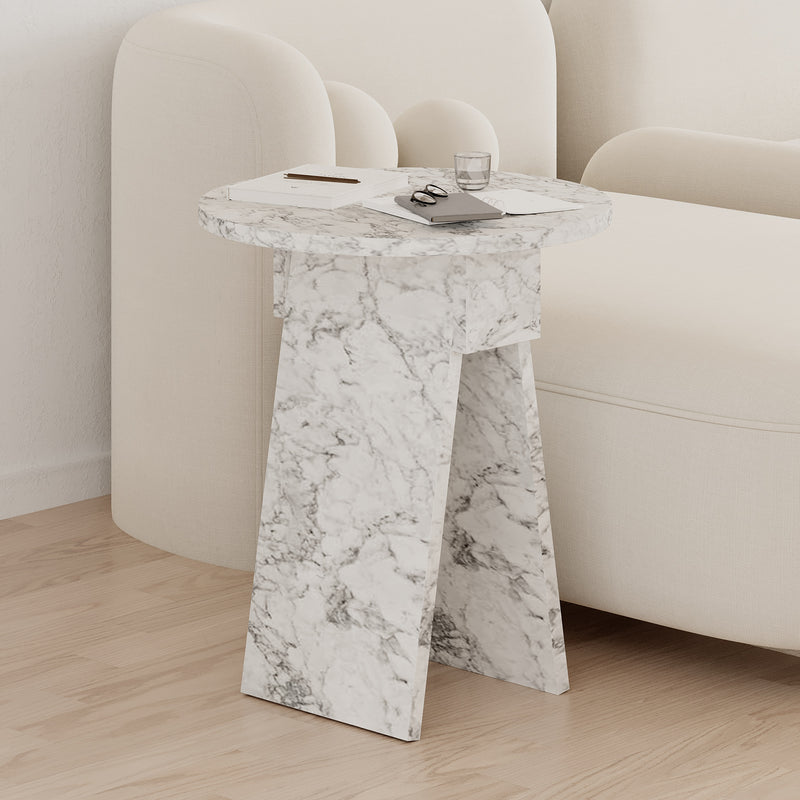 Chen Side Table – Modern Round Accent Table for Living Room, Bedroom or Entryway in Carrara