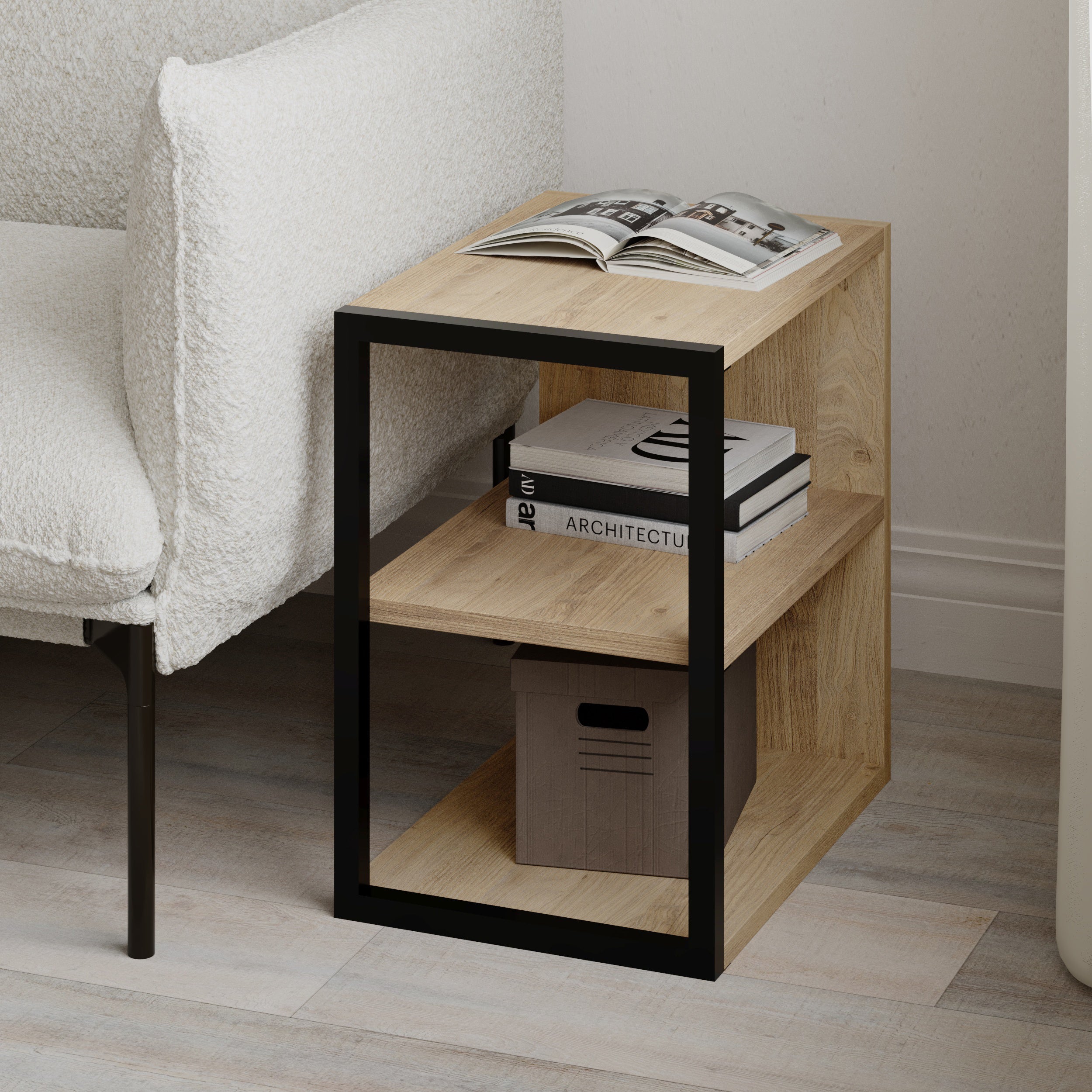 Echo Side Table Single – Modern Sofa Side Table with Shelves – Sapphire Oak