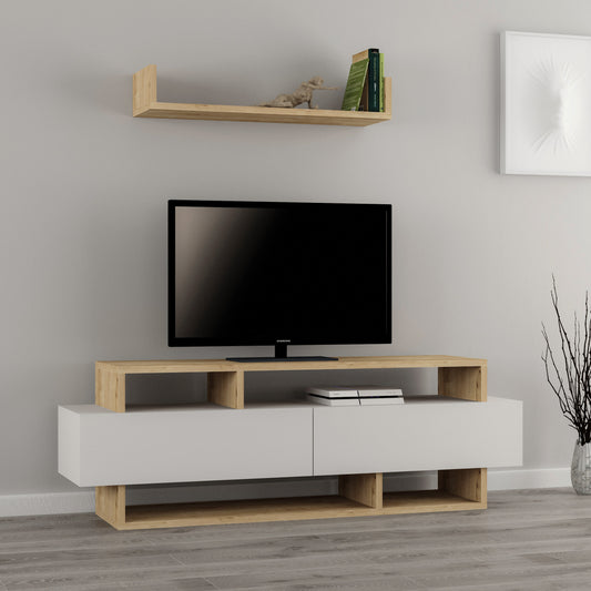 Rela Modern TV Stand Multimedia Centre With Storage And Wall Shelf 125cm - Decortie