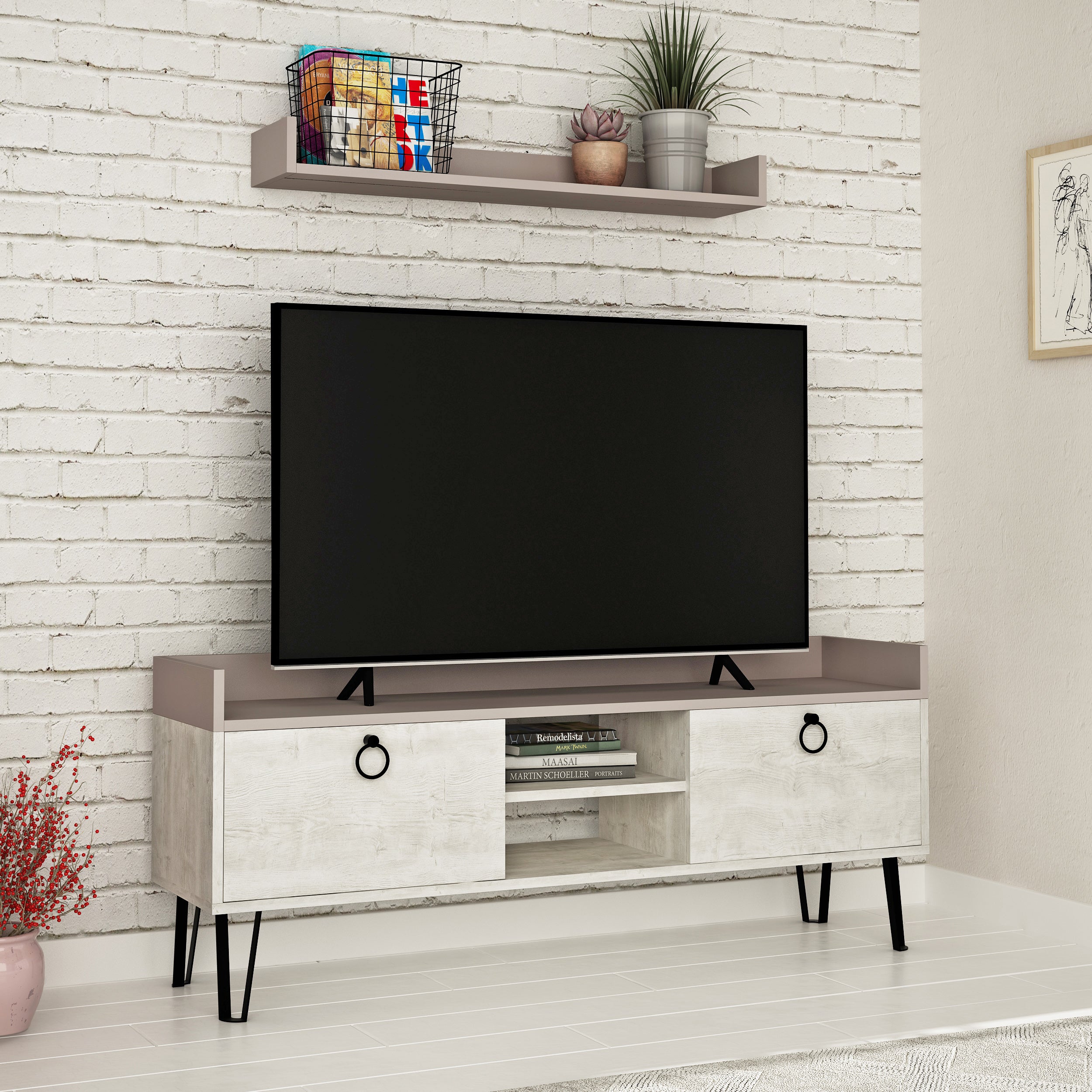 Keday Modern TV Stand Multimedia Centre With Wall Shelf Unit 140cm - Decortie