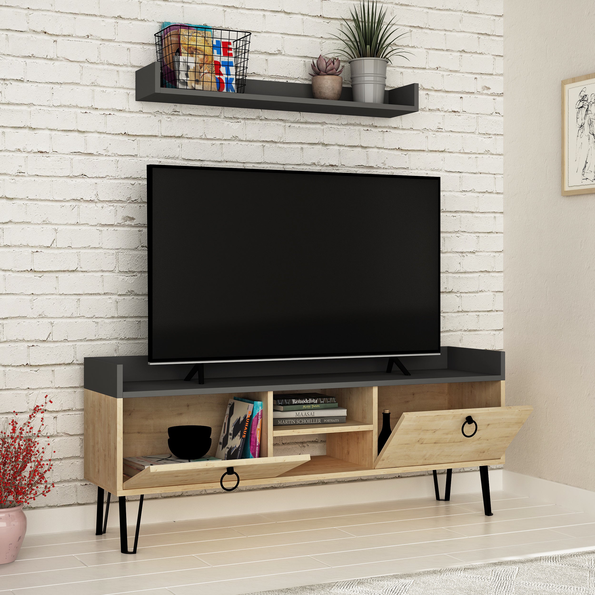 Keday Modern TV Stand Multimedia Centre With Wall Shelf Unit 140cm - Decortie