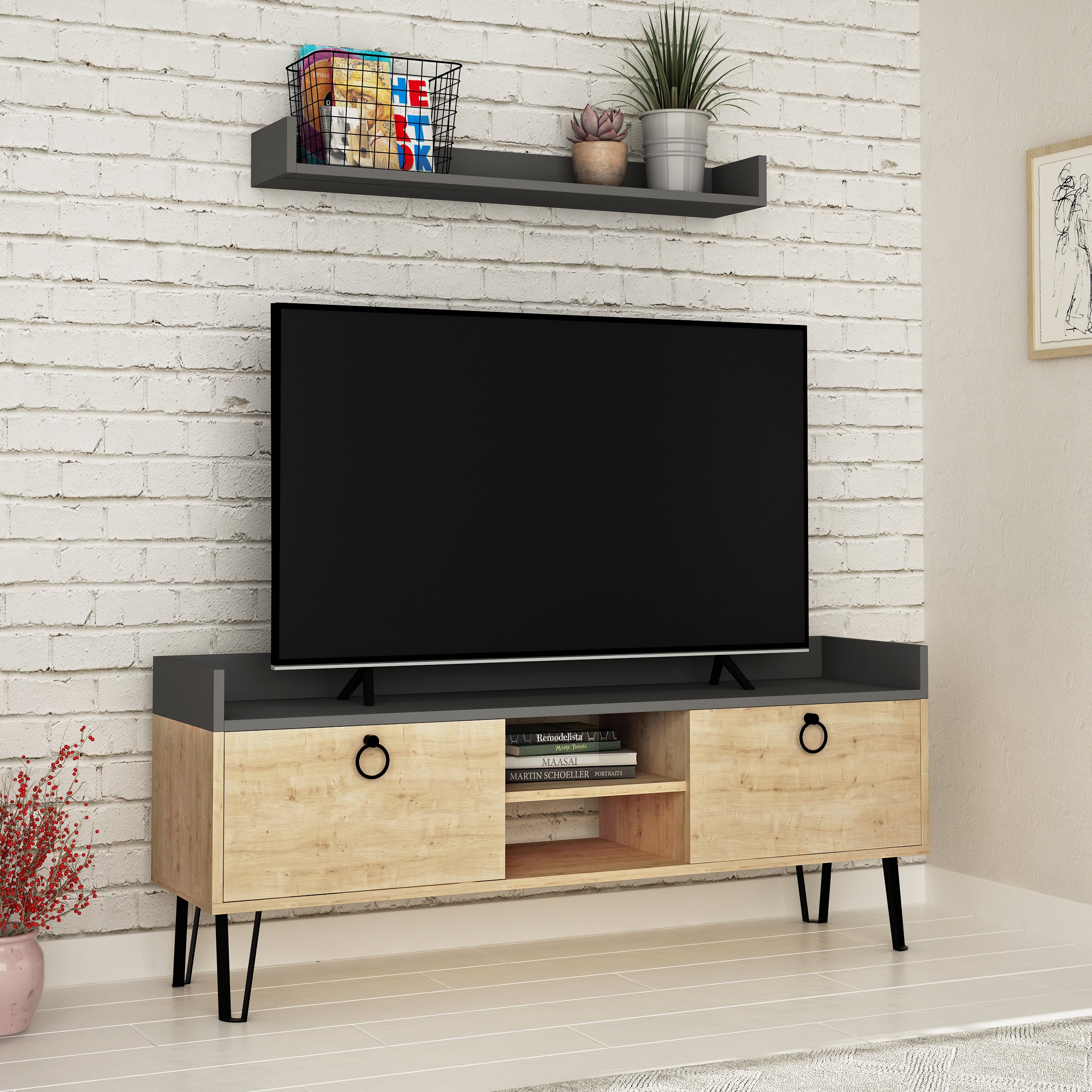 Keday Modern TV Stand Multimedia Centre With Wall Shelf Unit 140cm - Decortie