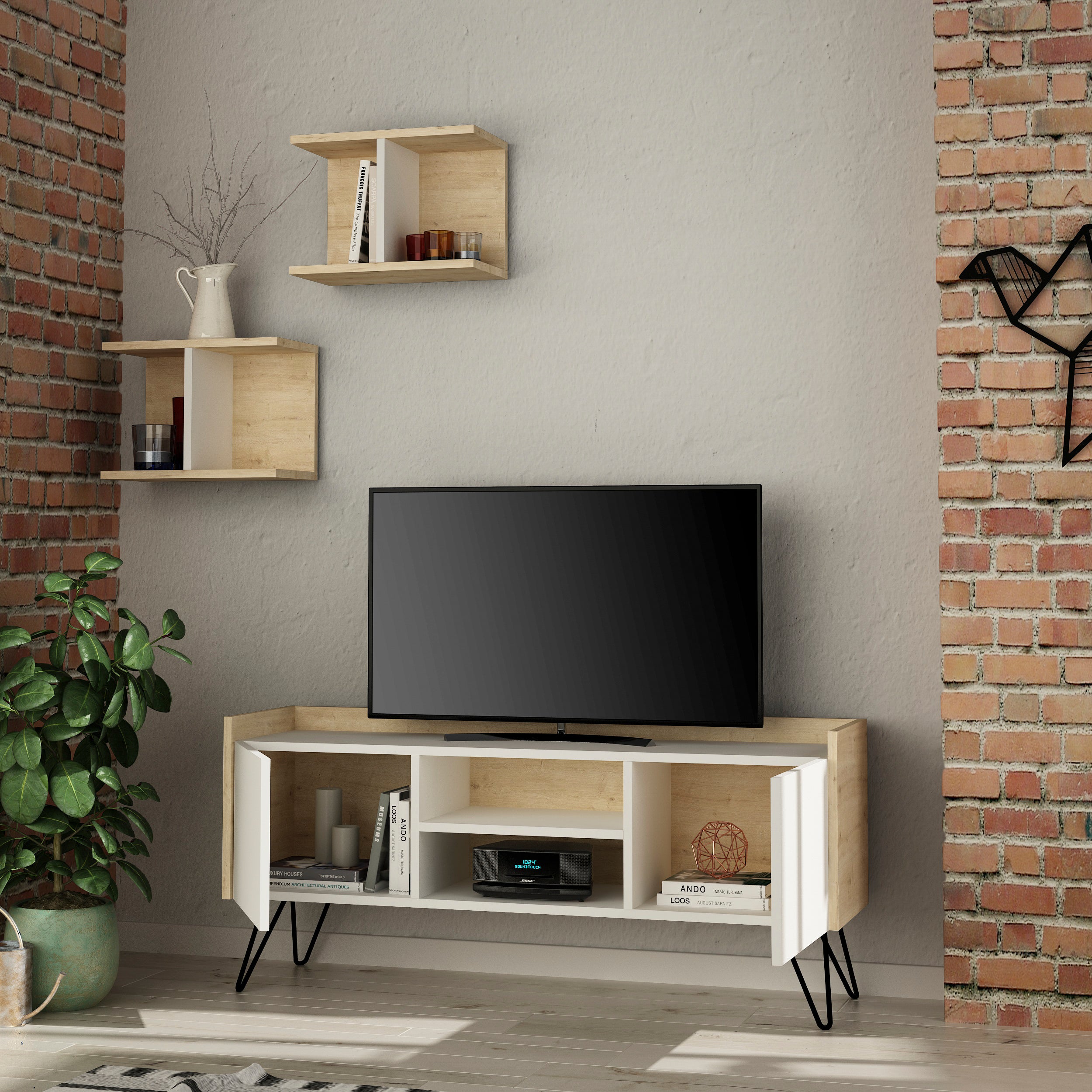 Klappe Modern TV Stand With Storage And Wall Shelf 126 cm - Decortie