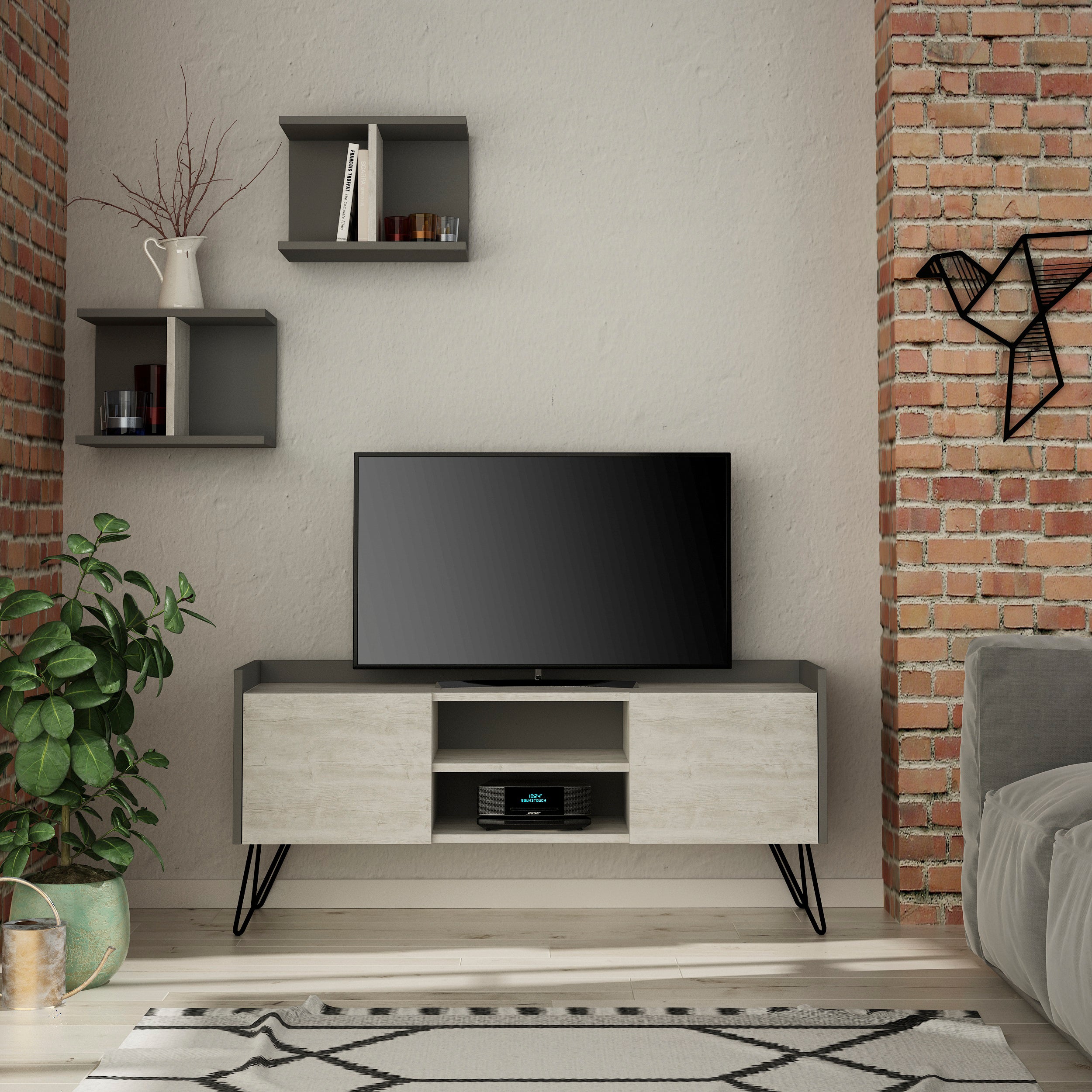 Klappe Modern TV Stand With Storage And Wall Shelf 126 cm - Decortie