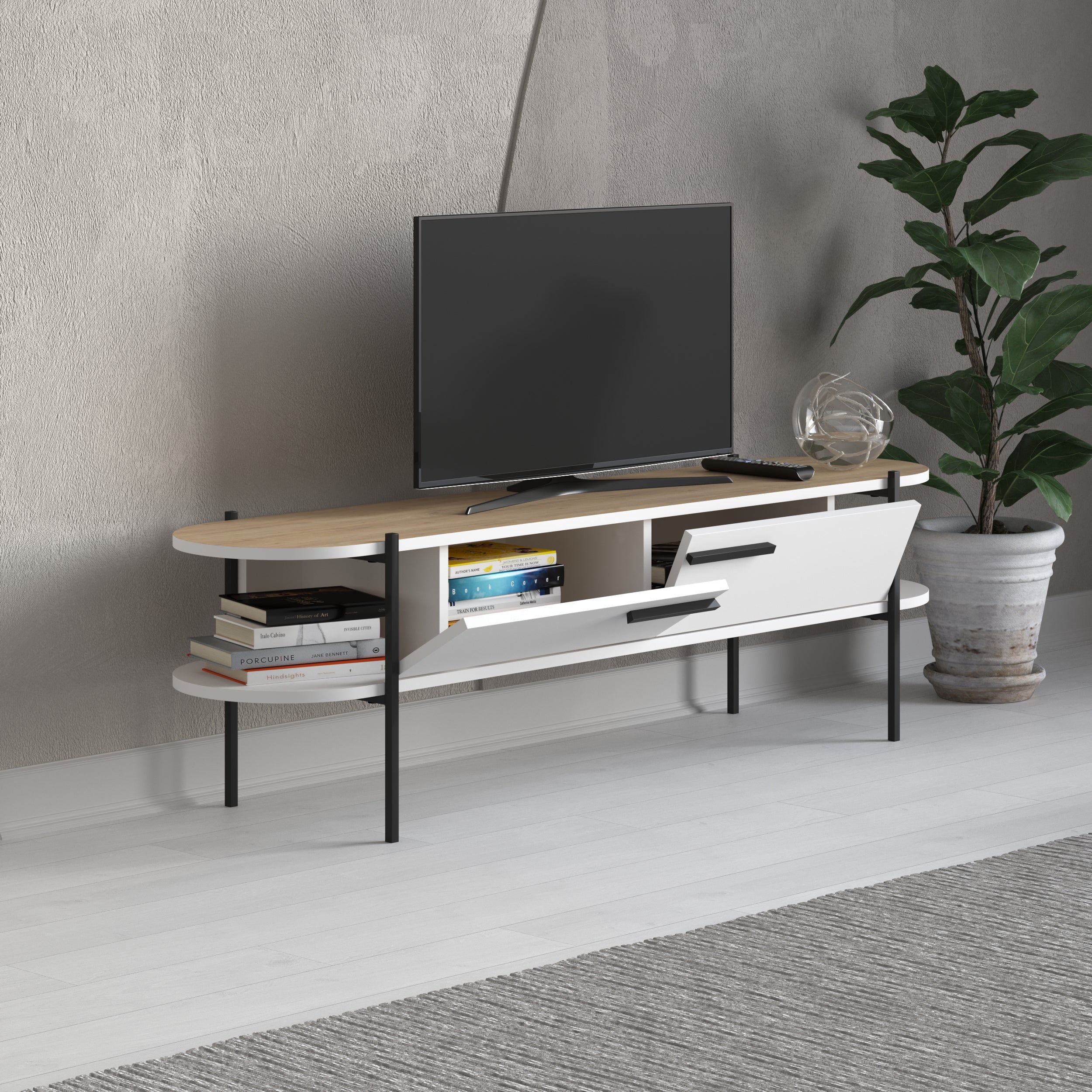 Otis Modern TV Stand Multimedia Centre Metal Leg Storage 160cm - Decortie