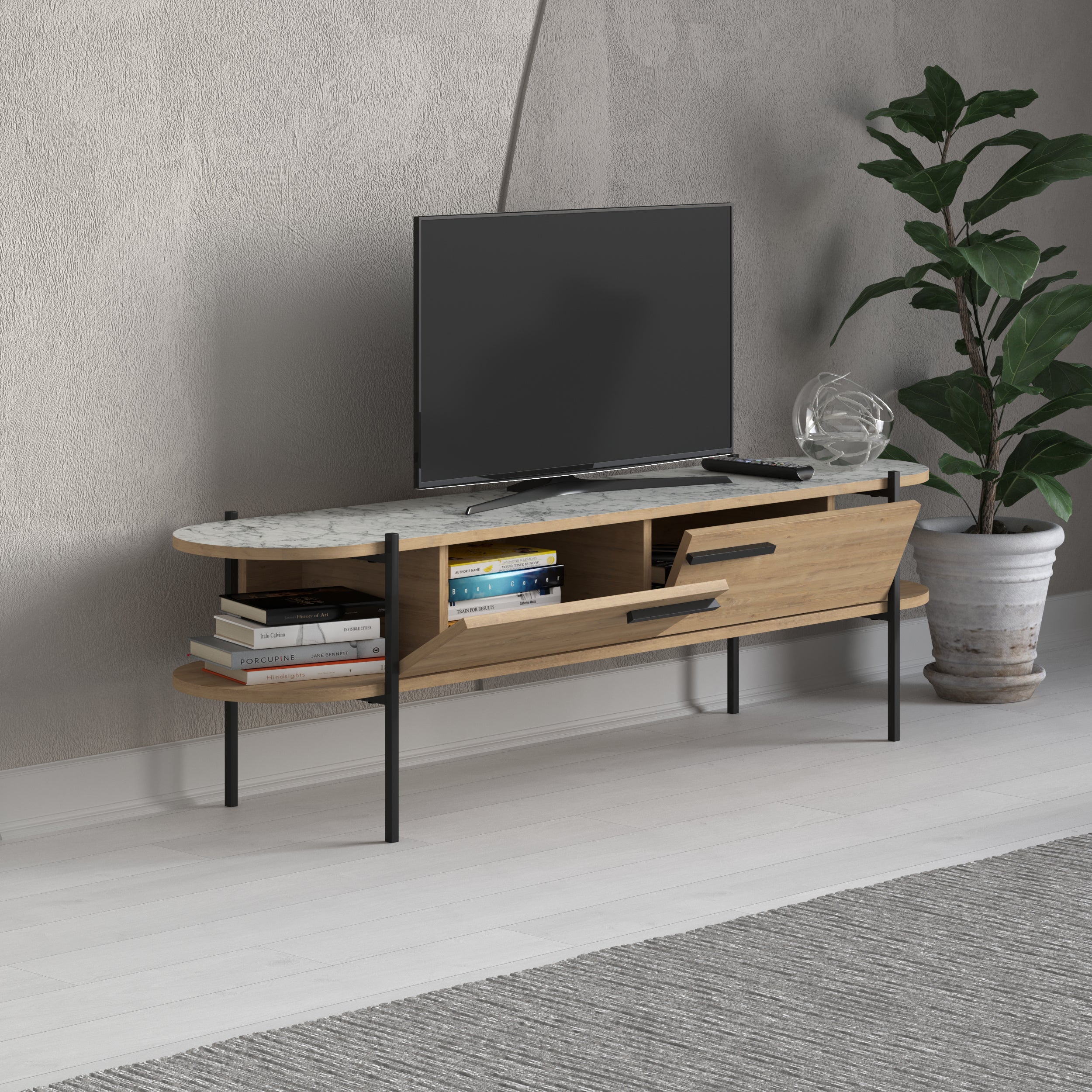 Otis Modern TV Stand Multimedia Centre Metal Leg Storage 160cm - Decortie