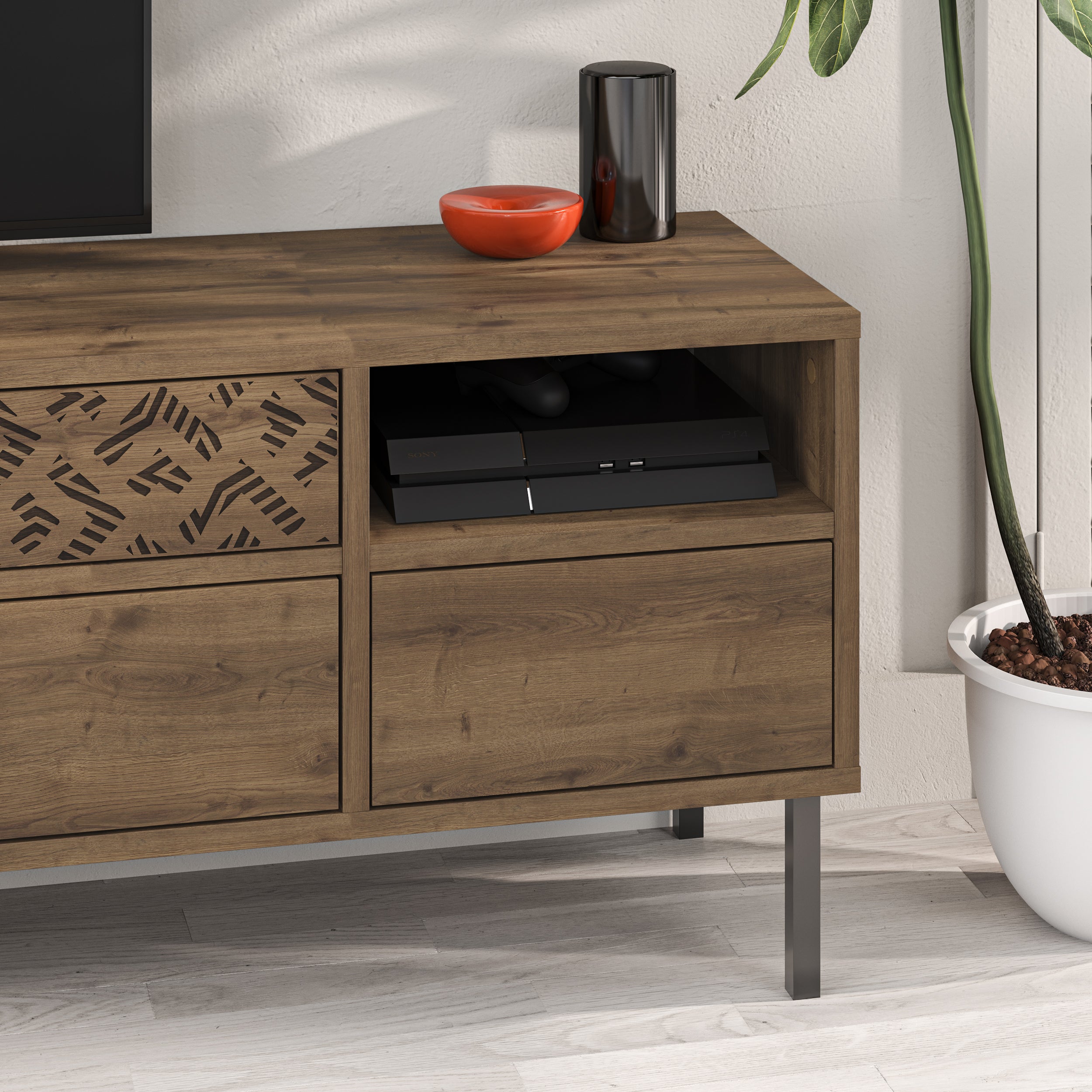 Heaton Modern TV Stand Multimedia Centre TV Unit With Storage Cabinet 144.6cm – Dark Oak