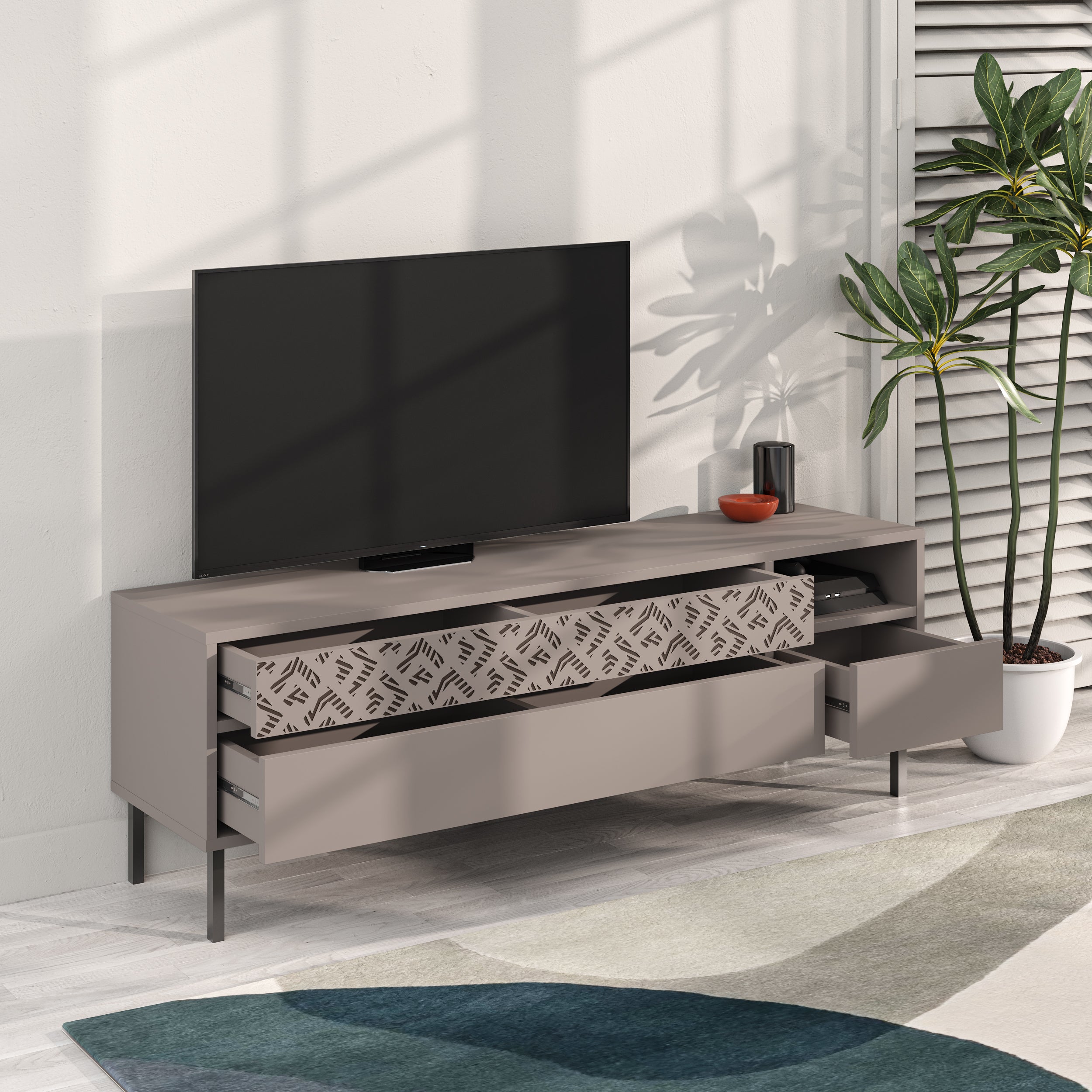 Heaton Modern TV Stand Multimedia Centre TV Unit With Storage Cabinet 144.6cm – Light Mocha