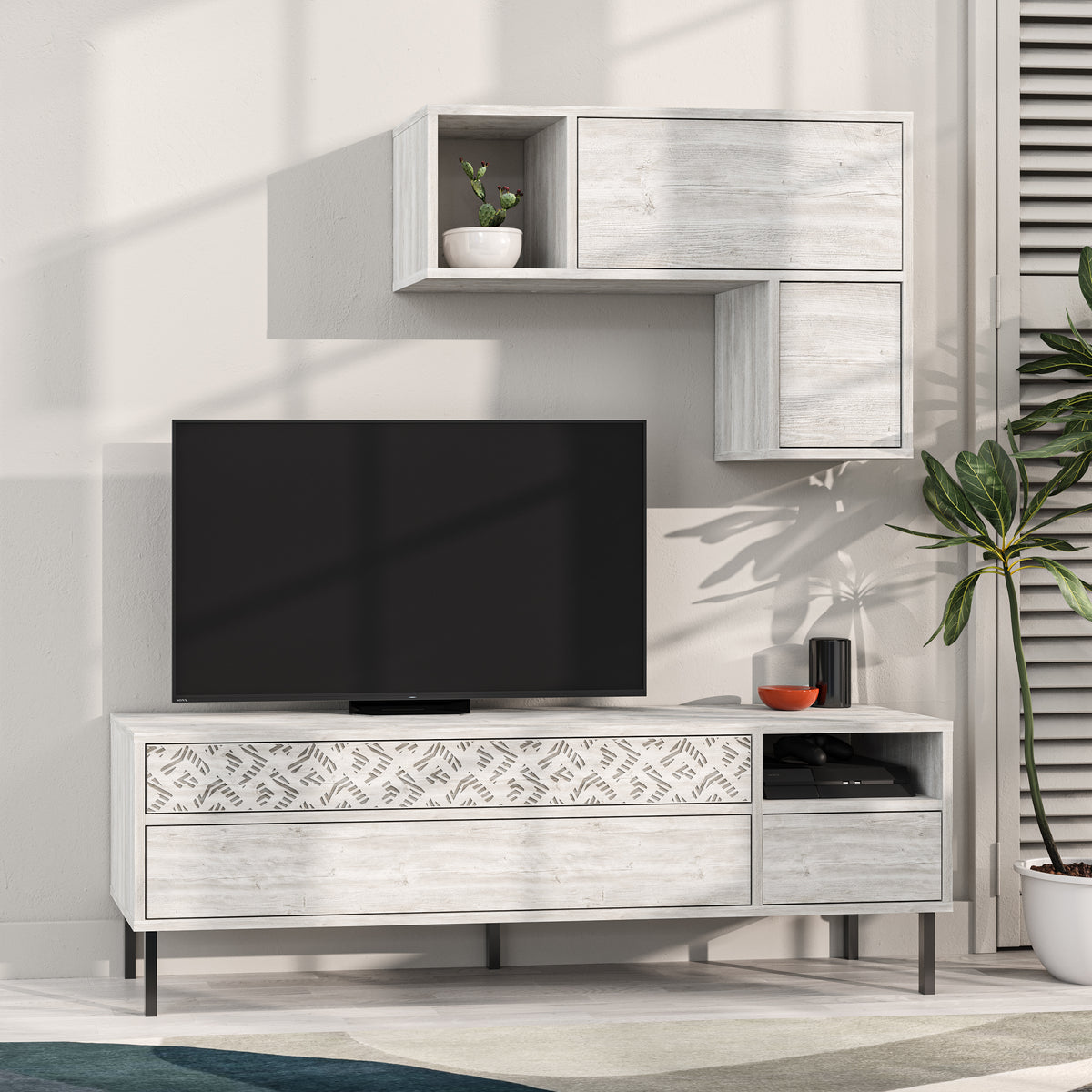 Heaton Modern Tv Unit With Storage And Wall Shelf 144.6cm – Ancient White