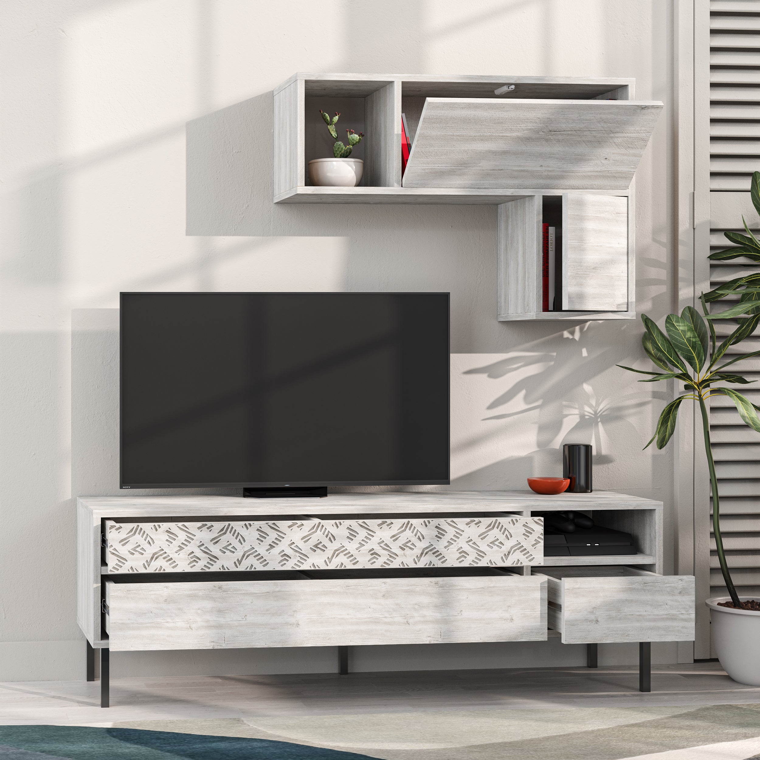 Heaton Modern Tv Unit With Storage And Wall Shelf 144.6cm – Ancient White
