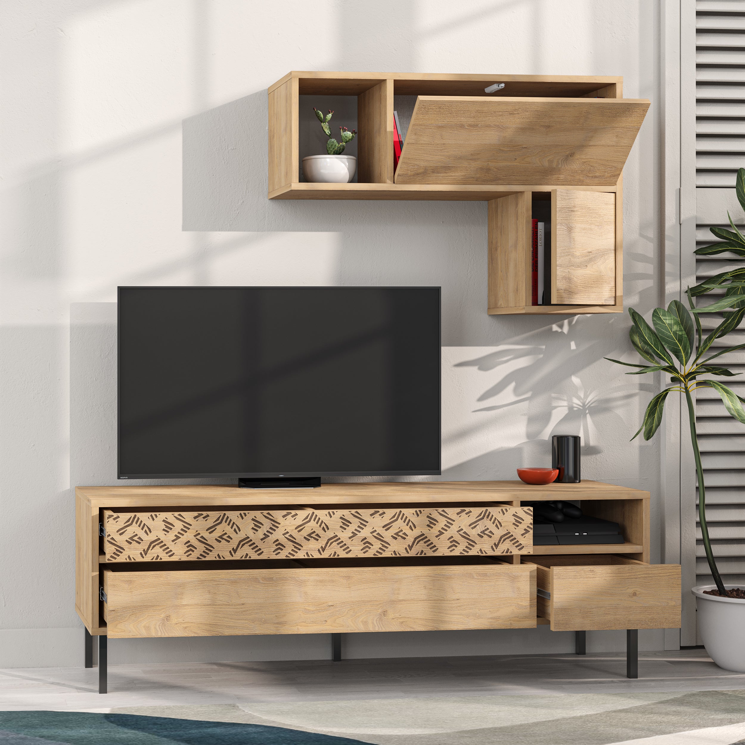 Heaton Modern Tv Unit With Storage And Wall Shelf 144.6cm - Decortie