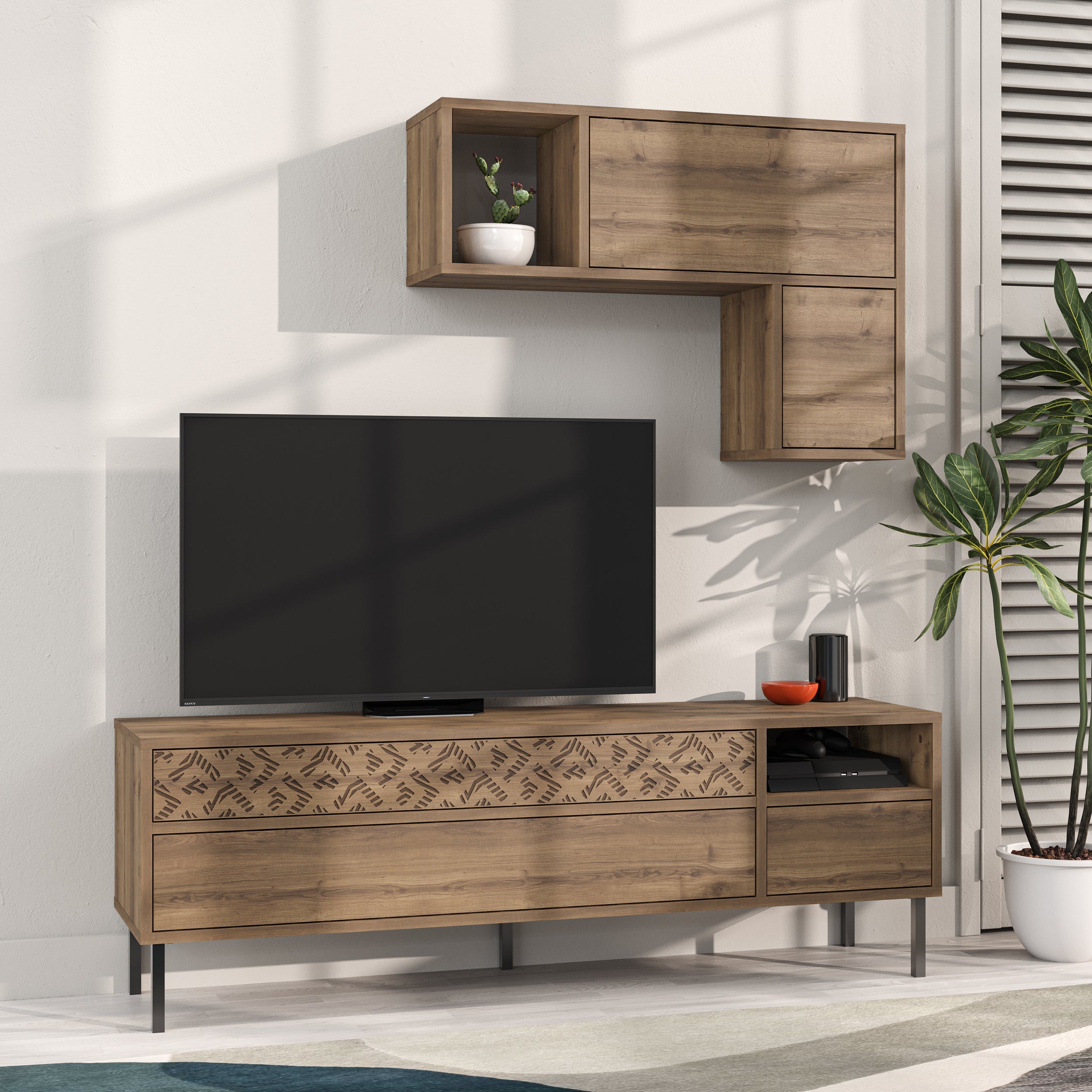 Heaton Modern Tv Unit With Storage And Wall Shelf 144.6cm - Decortie