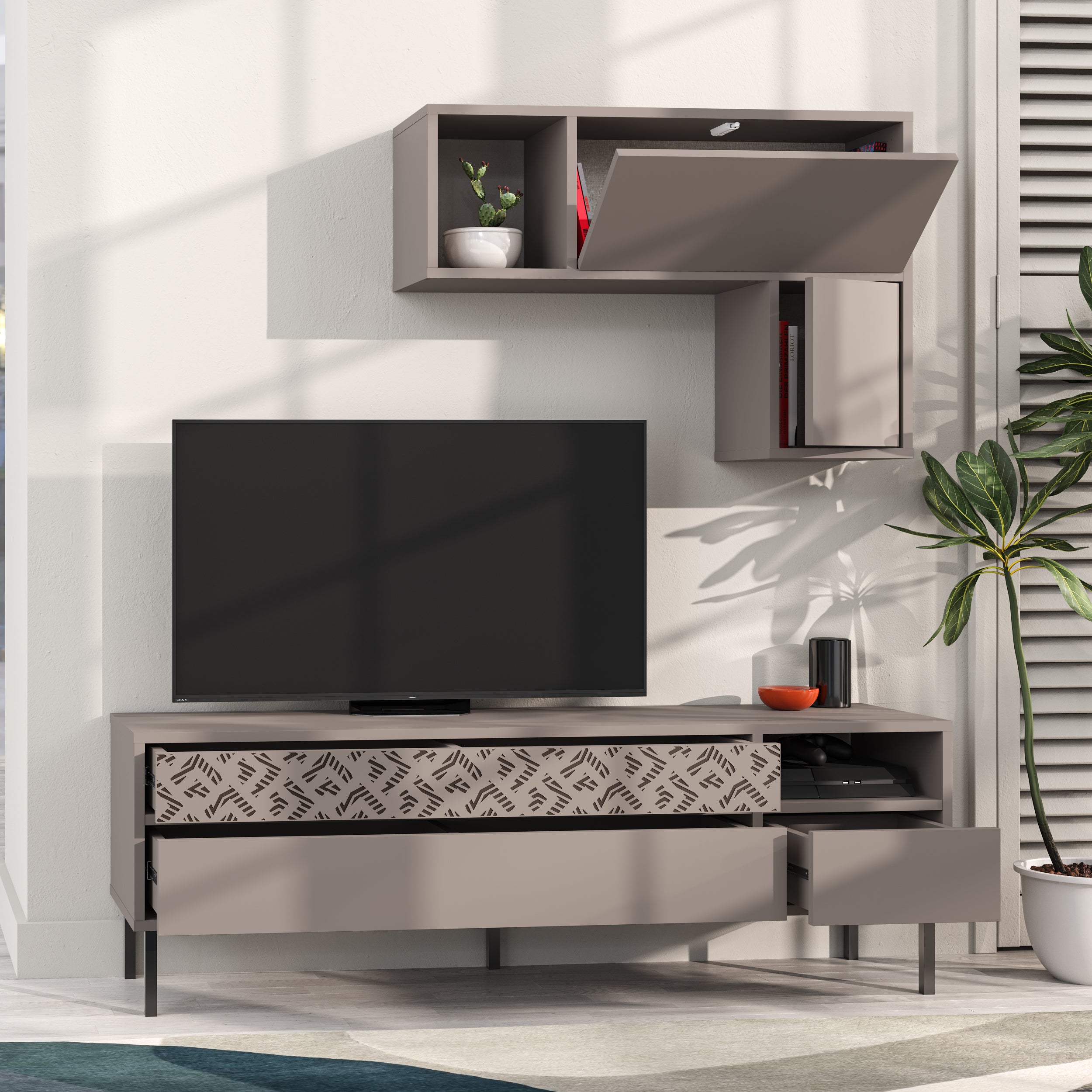 Heaton Modern Tv Unit With Storage And Wall Shelf 144.6cm – Light Mocha