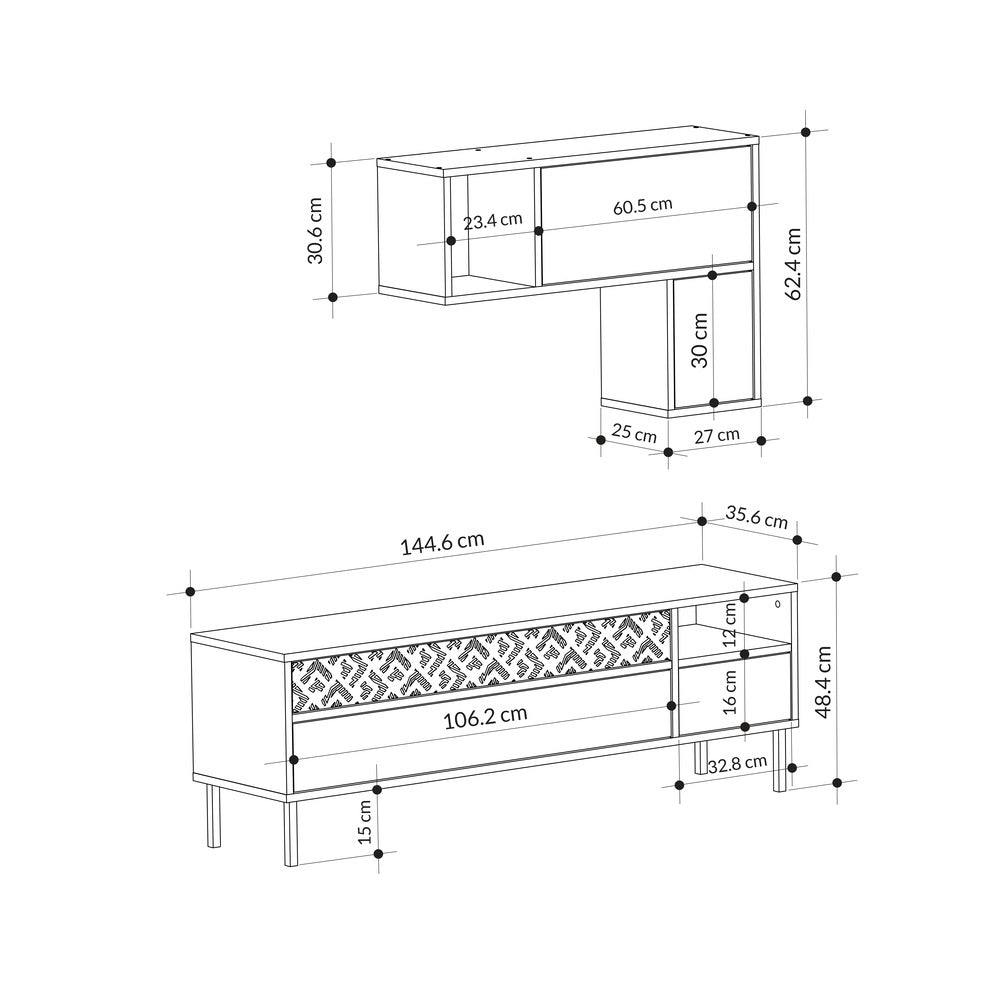 Heaton Modern Tv Unit With Storage And Wall Shelf 144.6cm - Decortie