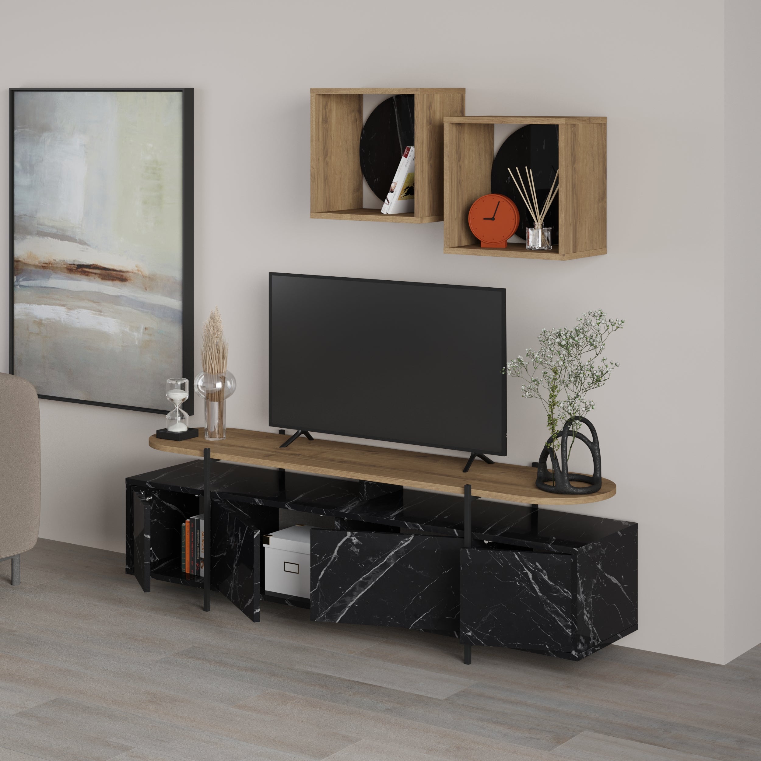 Hanley Modern Tv Unit With Wall Storage Unit 160cm - Decortie