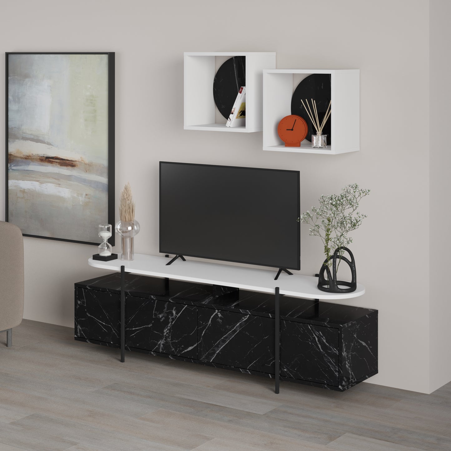 Hanley Modern Tv Unit With Wall Storage Unit 160cm - Decortie