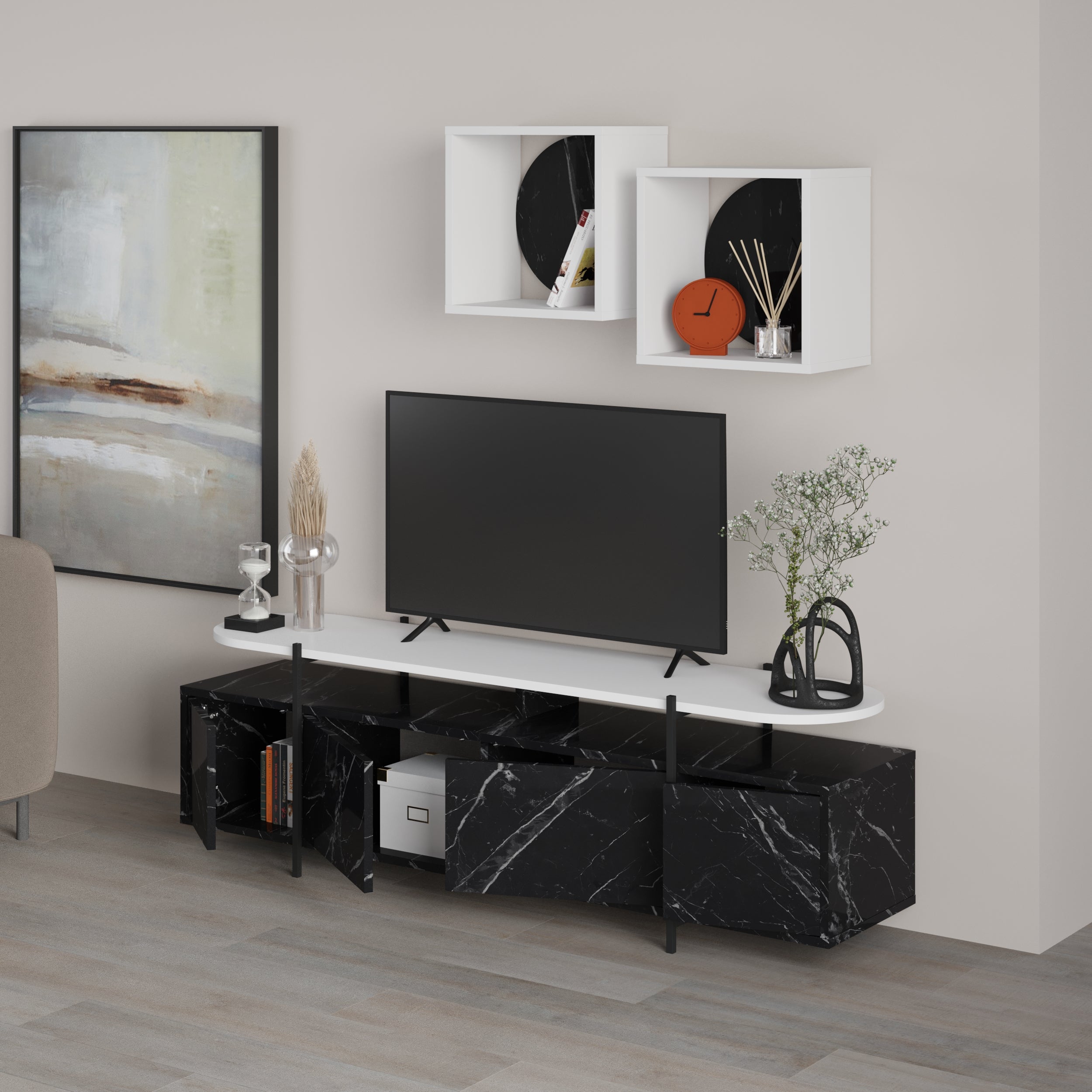 Hanley Modern Tv Unit With Wall Storage Unit 160cm - Decortie