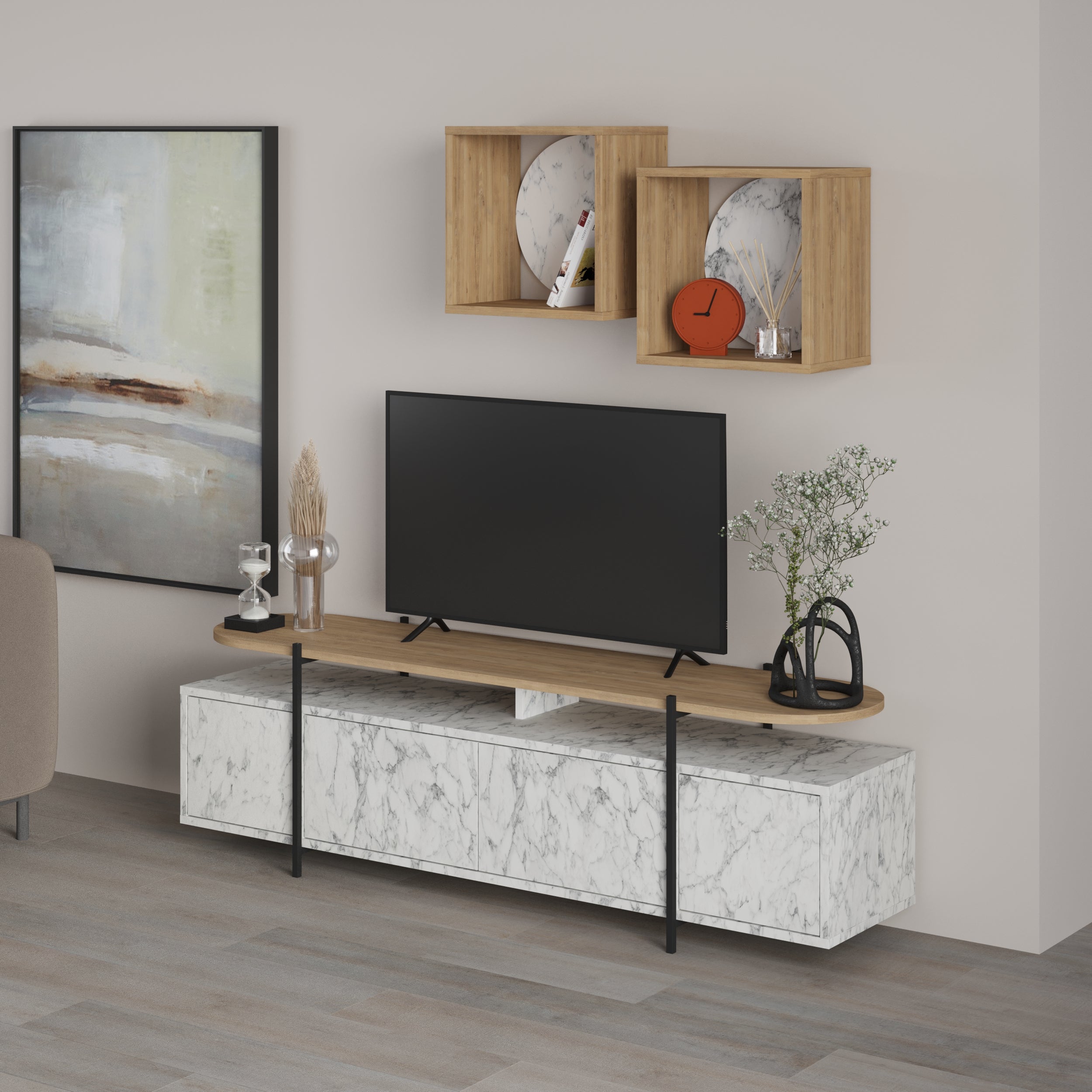 Hanley Modern Tv Unit With Wall Storage Unit 160cm - Decortie