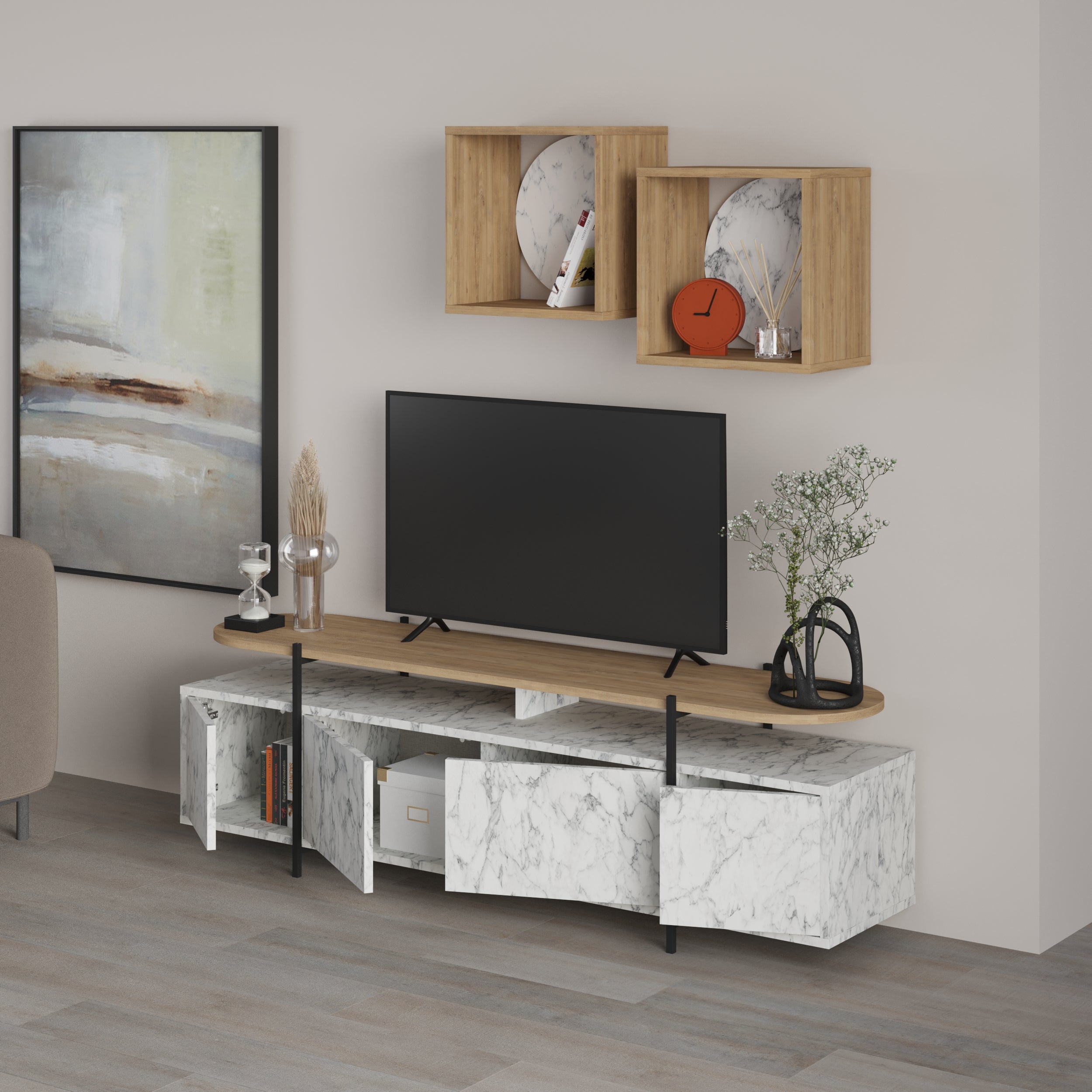 Hanley Modern Tv Unit With Wall Storage Unit 160cm - Decortie