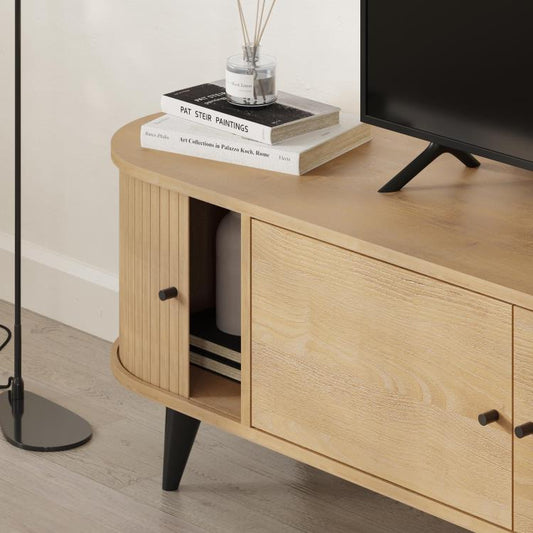 Gentle TV Stand – open door storage view – 4-door living room TV unit – Decortie