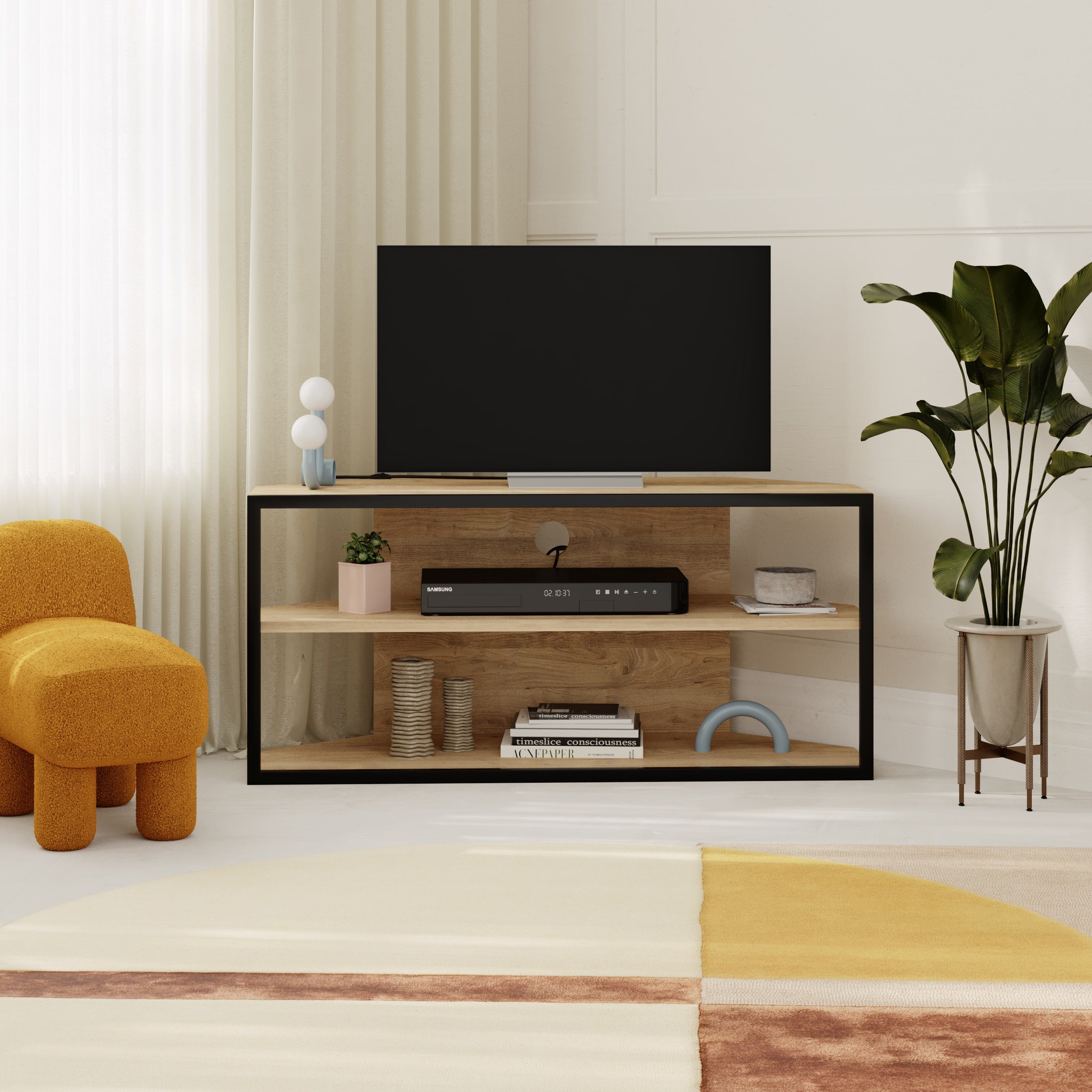 Echo Corner TV Stand – Compact Corner Unit for TVs with Storage Shelves for Living Rooms or Flats – Sapphire Oak