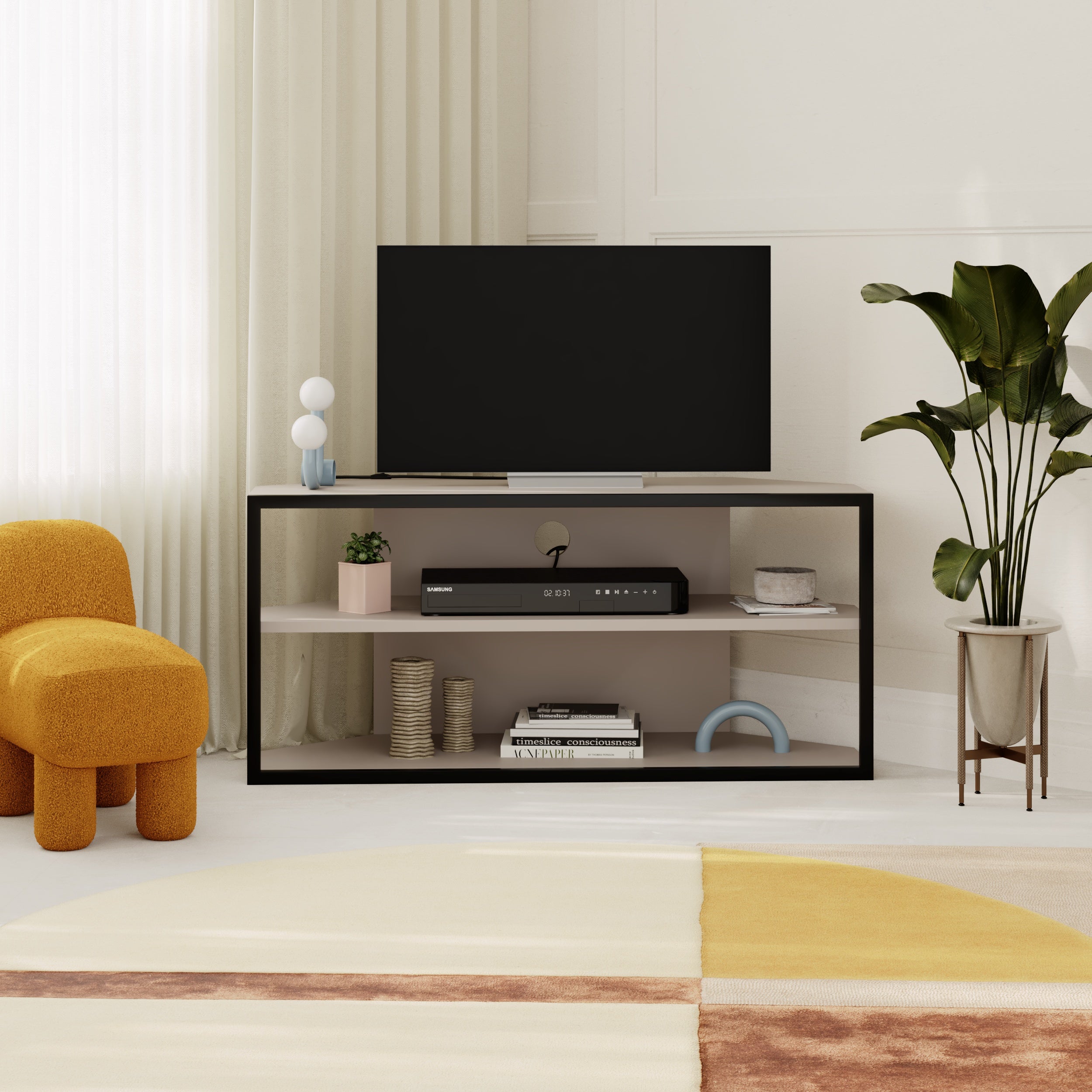 Echo Corner TV Stand – Compact Corner Unit for TVs with Storage Shelves for Living Rooms or Flats – Light Mocha