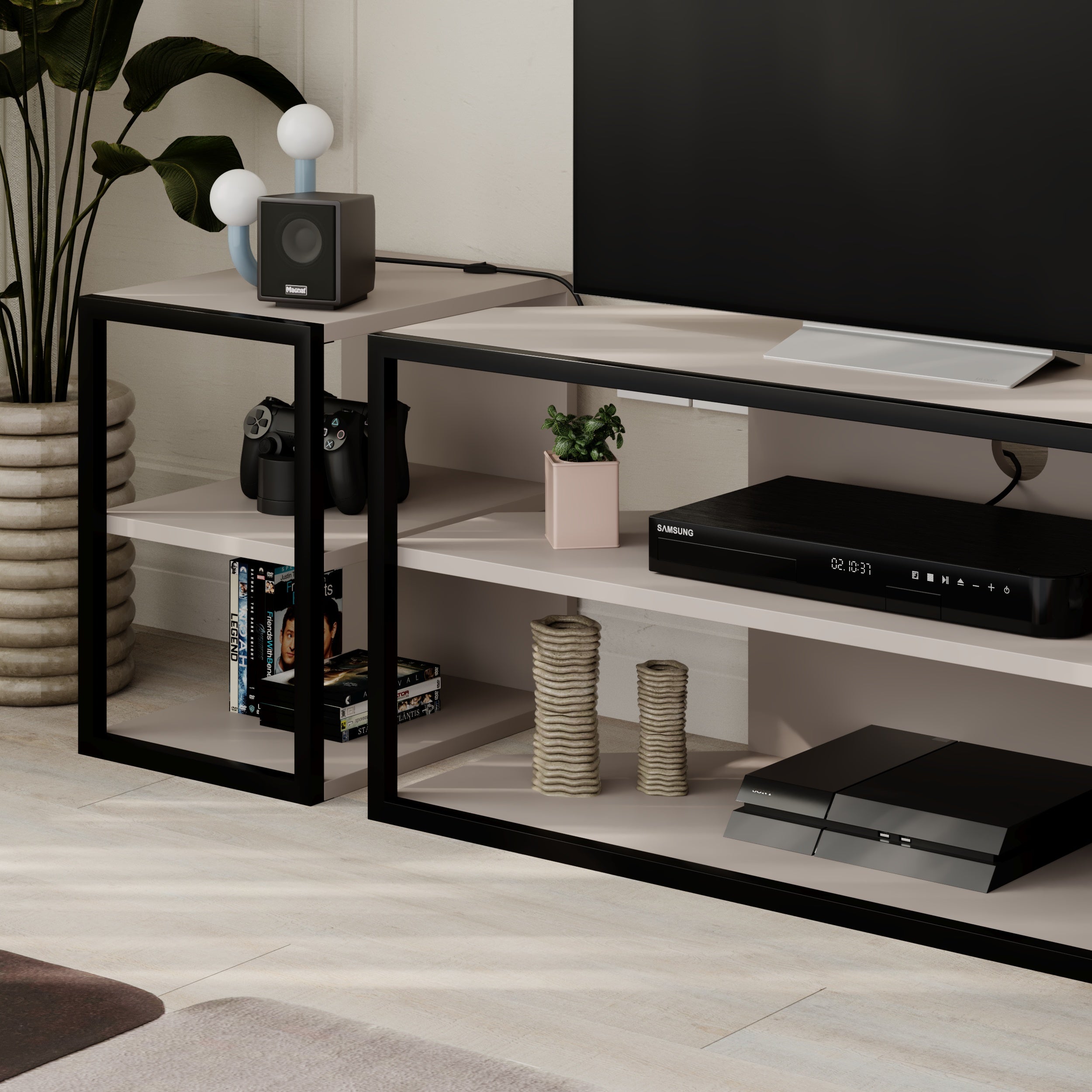Echo Corner TV Stand – Compact Corner Unit for TVs with Storage Shelves for Living Rooms or Flats – Light Mocha