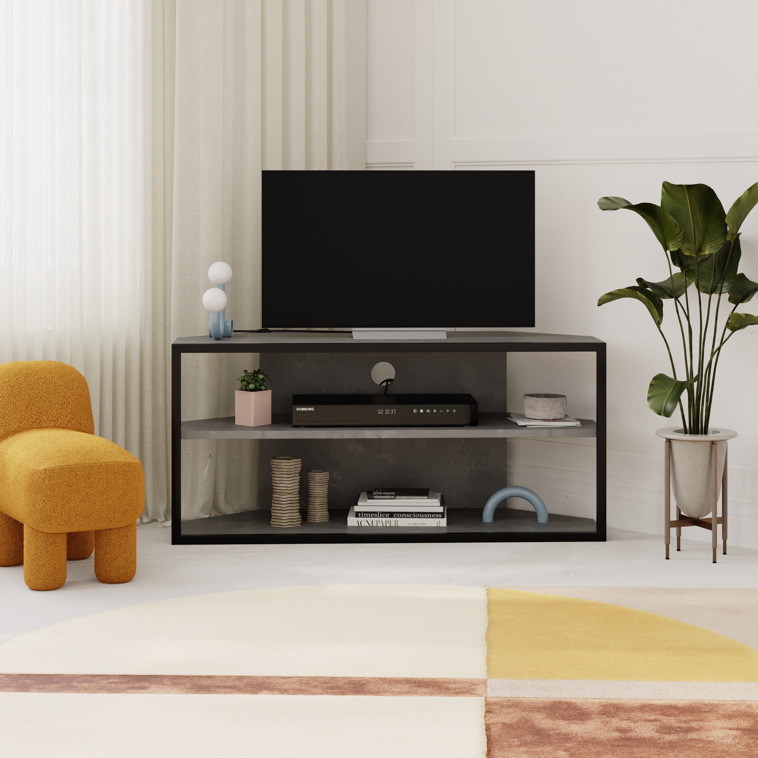 Echo Corner TV Stand – Compact Corner Unit for TVs with Storage Shelves for Living Rooms or Flats – Retro Grey