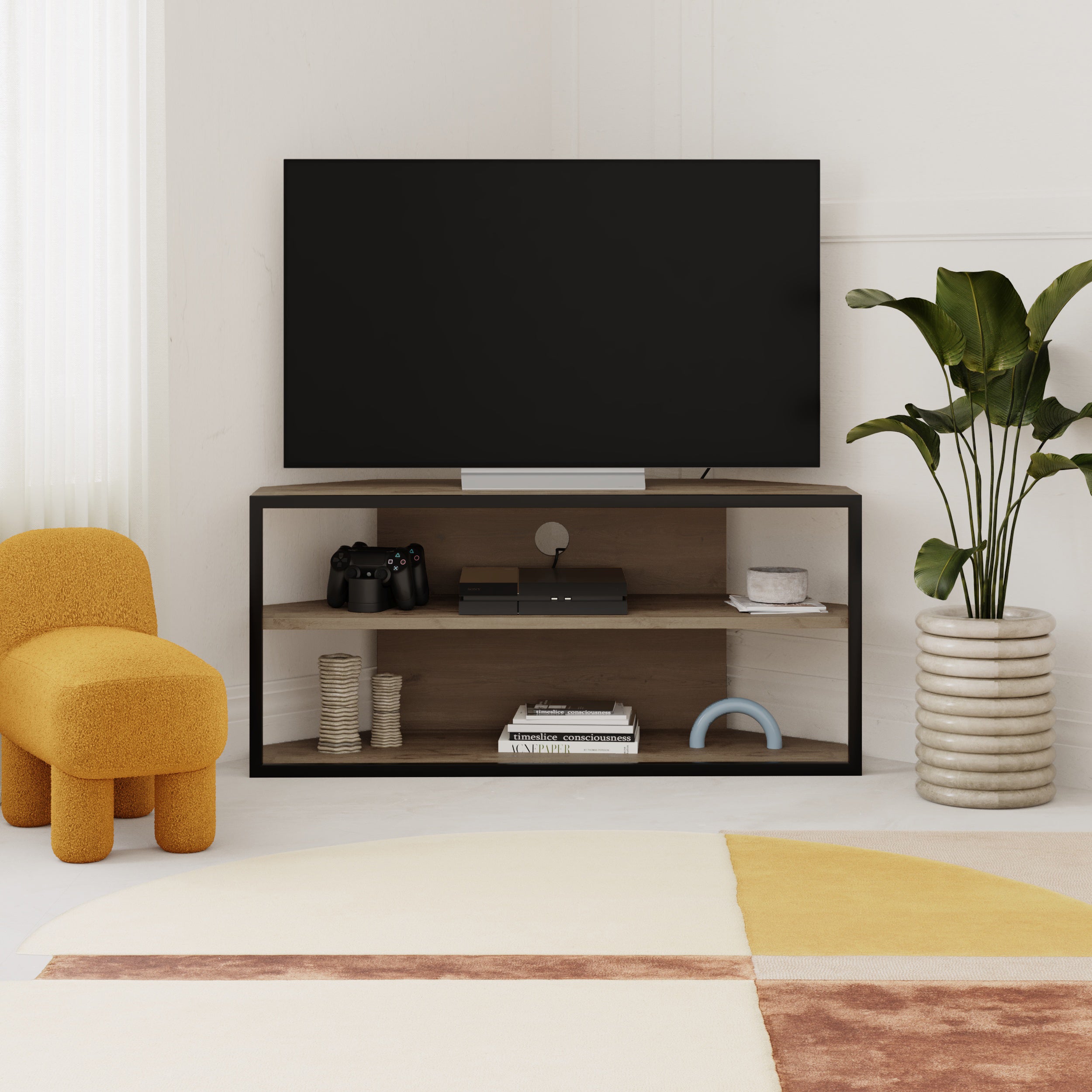 Echo Corner TV Stand – Compact Corner Unit for TVs with Storage Shelves for Living Rooms or Flats – Natural Oak