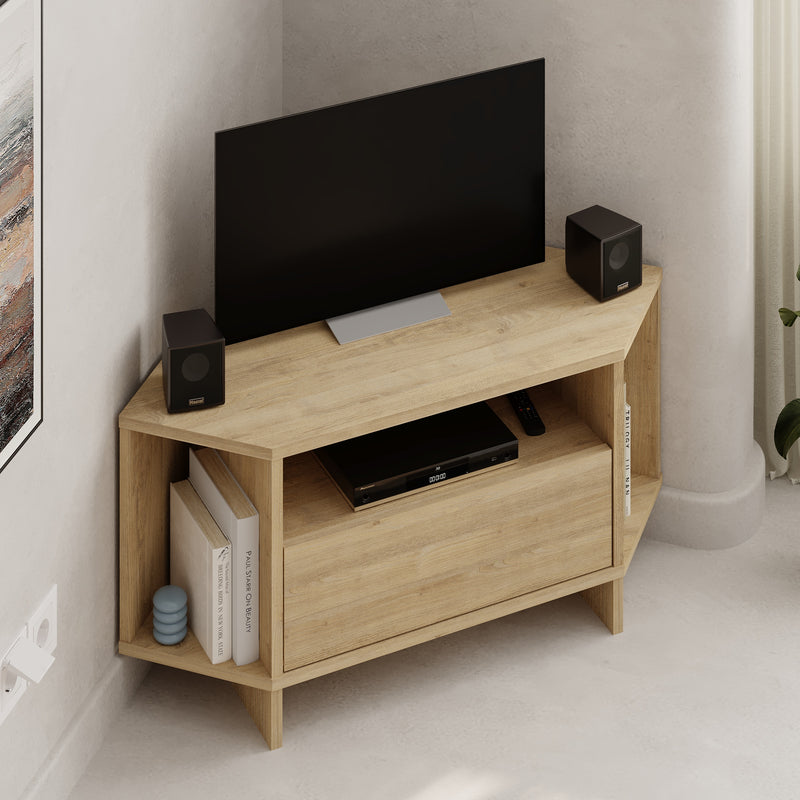 Viva Corner TV Unit – styled living room setting – compact corner TV stand – Decortie