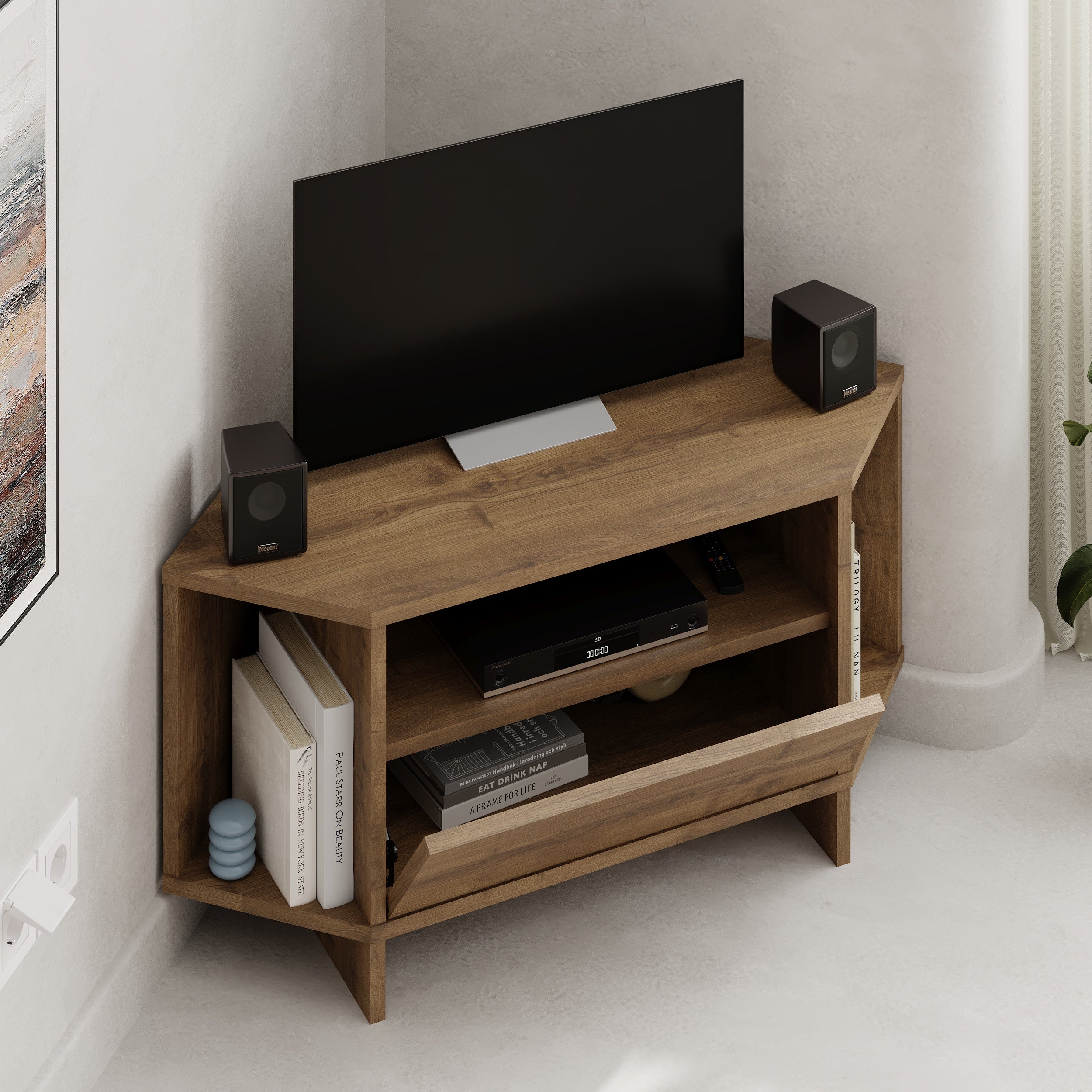 Modern Viva Corner TV Unit – Compact Corner Stand with Shelves & Cabinet for 40-Inch TVs – Dark Oak Effect
