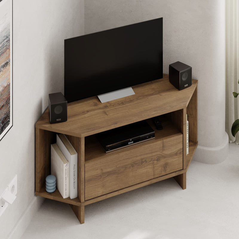 Viva Corner TV Unit – styled living room setting – compact corner TV stand – Decortie