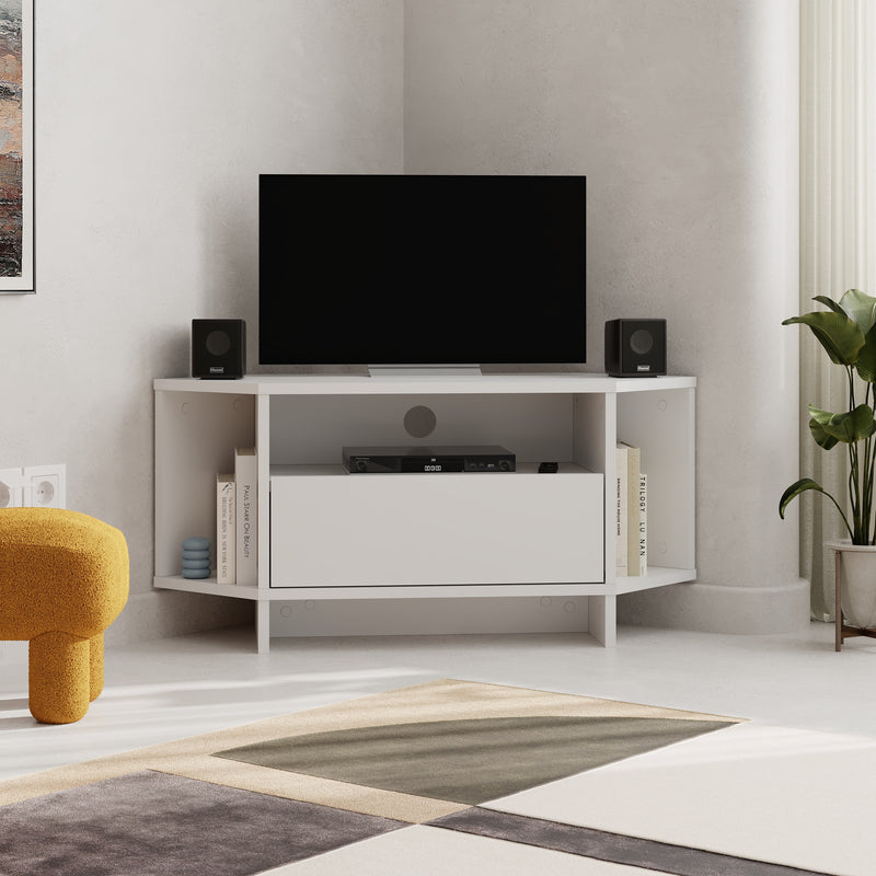 Viva Corner TV Unit – compact corner TV stand with shelves and cabinet – Decortie