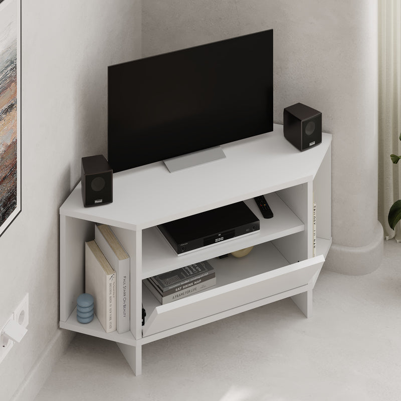 Viva Corner TV Unit – open storage compartment view – compact corner TV stand – Decortie